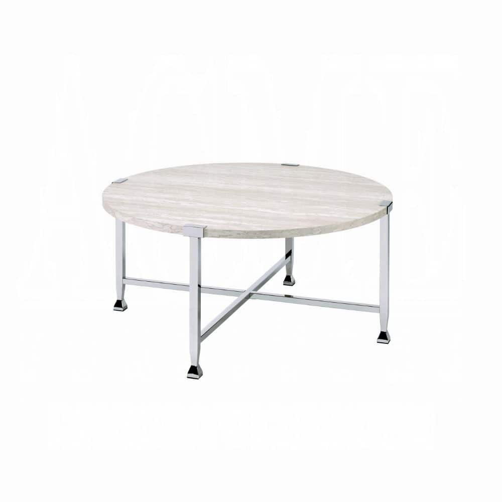 Lirago - Round Coffee Table White Wood Top with Chrome Metal Frame Cross Legs End Table for Living Room 36" W x 36" D x 18" H - Oak