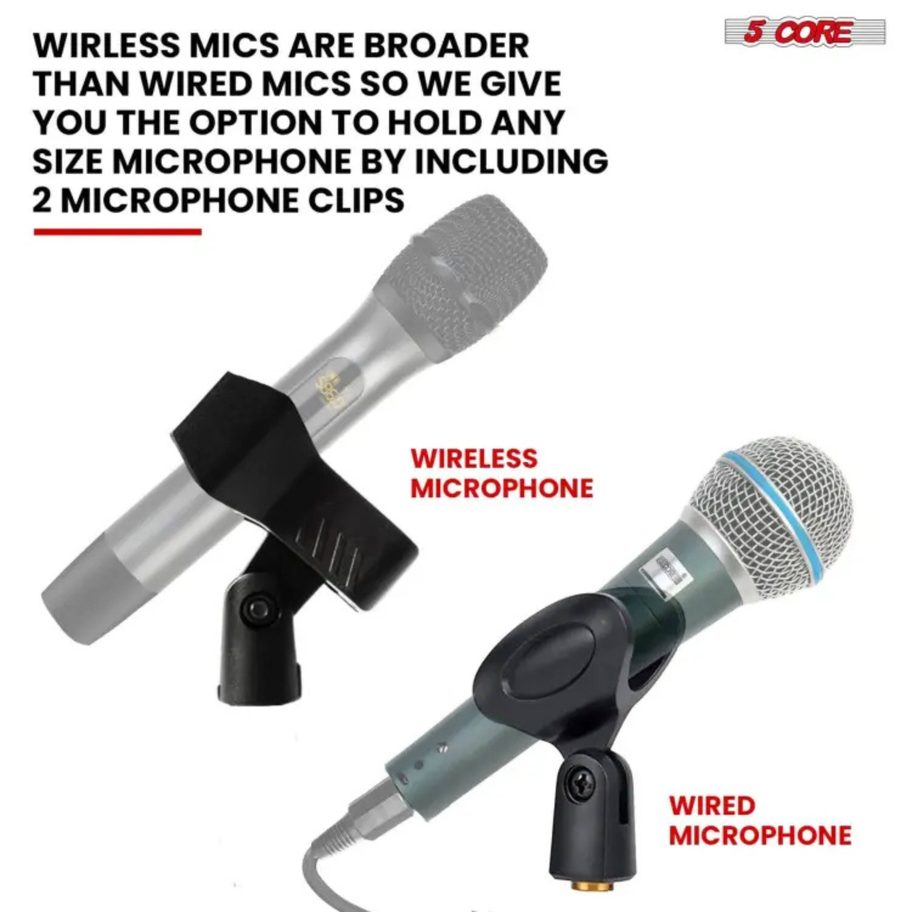 WIRELESS MICS ARE BROADER THAN WIRED MICS SO WE GIVE YOU THE OPTION TO HOLD ANY SIZE MICROPHONE BY INCLUDING 2 MICROPHONE CLIPS

5 CORE

WIRELESS MICROPHONE

WIRED MICROPHONE