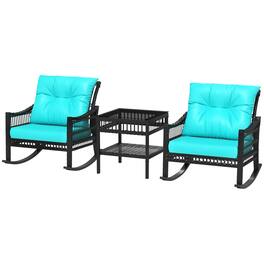 Resenkos - 3-Piece Patio Bistro Set,PE Rattan, Rocking Chair with Tempered Glass Table Top - Turquoise Green