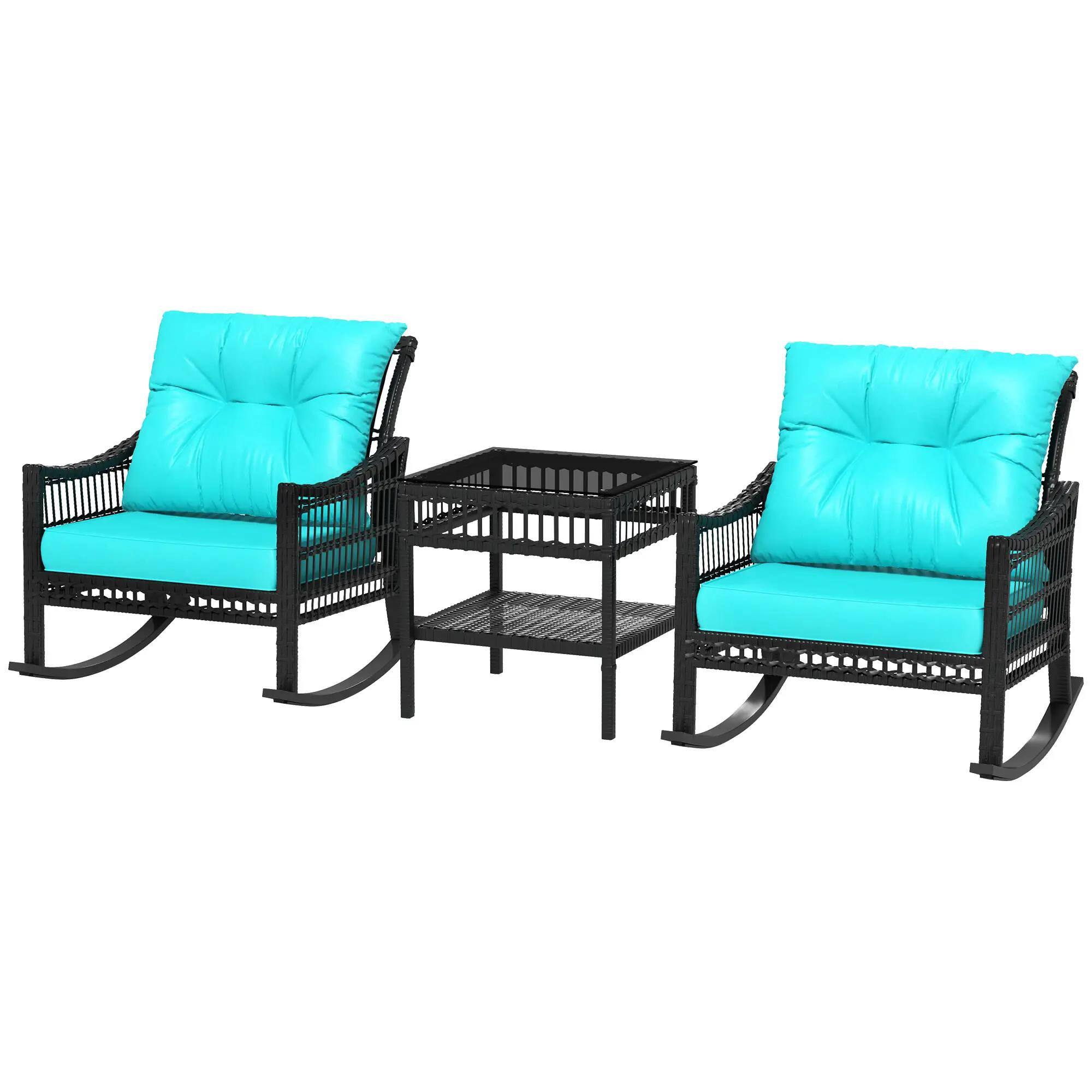 Front. Resenkos - Resenkos 3-Piece Patio Bistro Set,PE Rattan, Rocking Chair with Tempered Glass Table Top, Turquoise Green - Turquoise Green.