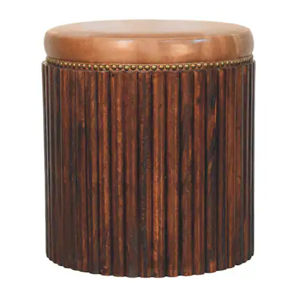 Front. Artisan Furniture - Artisan Furniture Solid Wood Ribbed Leather Accent Stool - Brown.