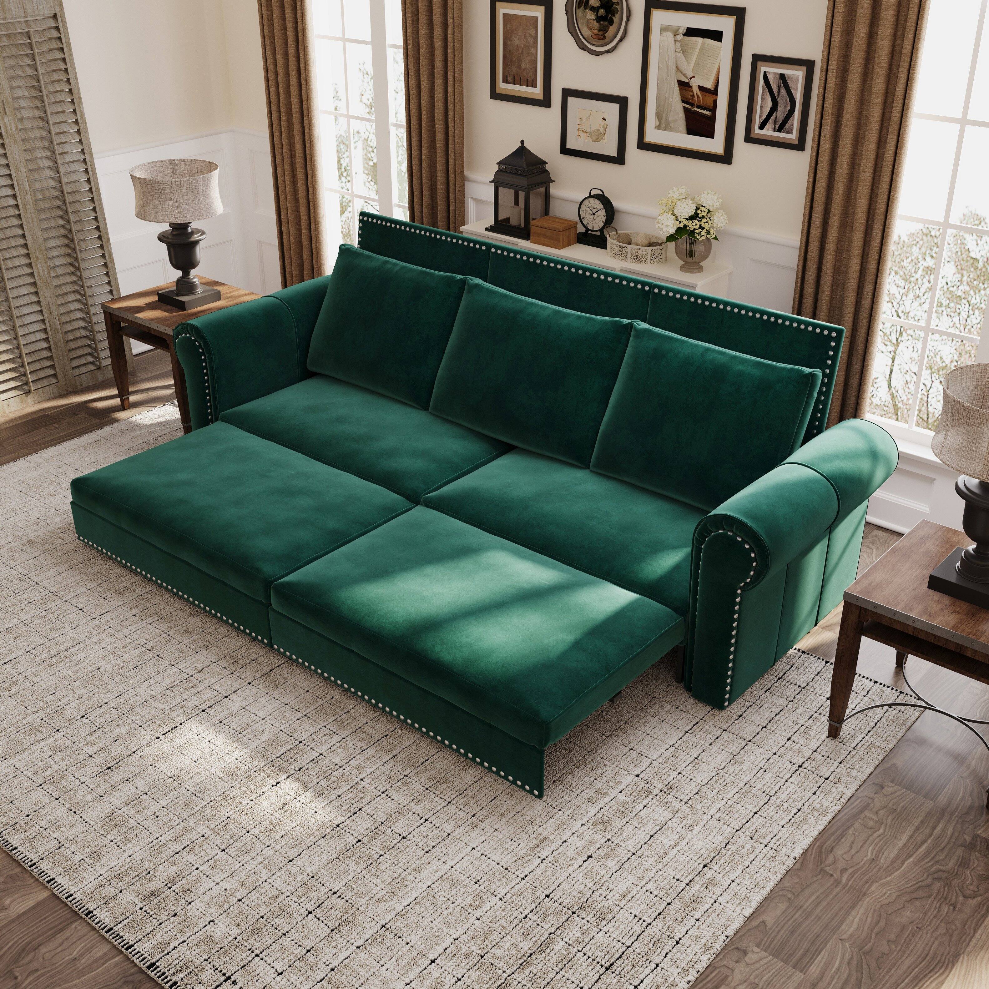 Angle. Anysun - 93.7" 3-in-1 Velvet Convertible Sofa Bed - King Pull-Out Sleeper, Nailhead Trim & Rolled Arms for Living Room & Bedroom - Green.