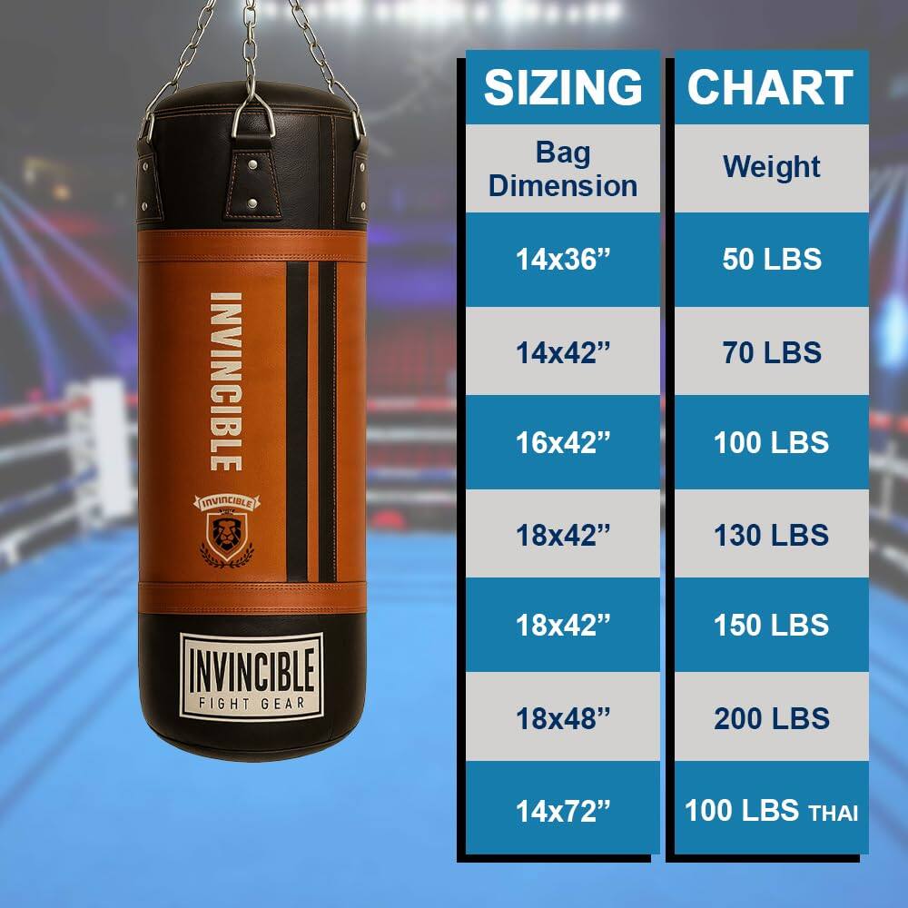 INVINCIBLE FIGHT GEAR

SIZING CHART

Bag Dimension | Weight
--- | ---
14x36" | 50 LBS
14x42" | 70 LBS
16x42" | 100 LBS
18x42" | 130 LBS
18x42" | 150 LBS
18x48" | 200 LBS
14x72" | 100 LBS THAI