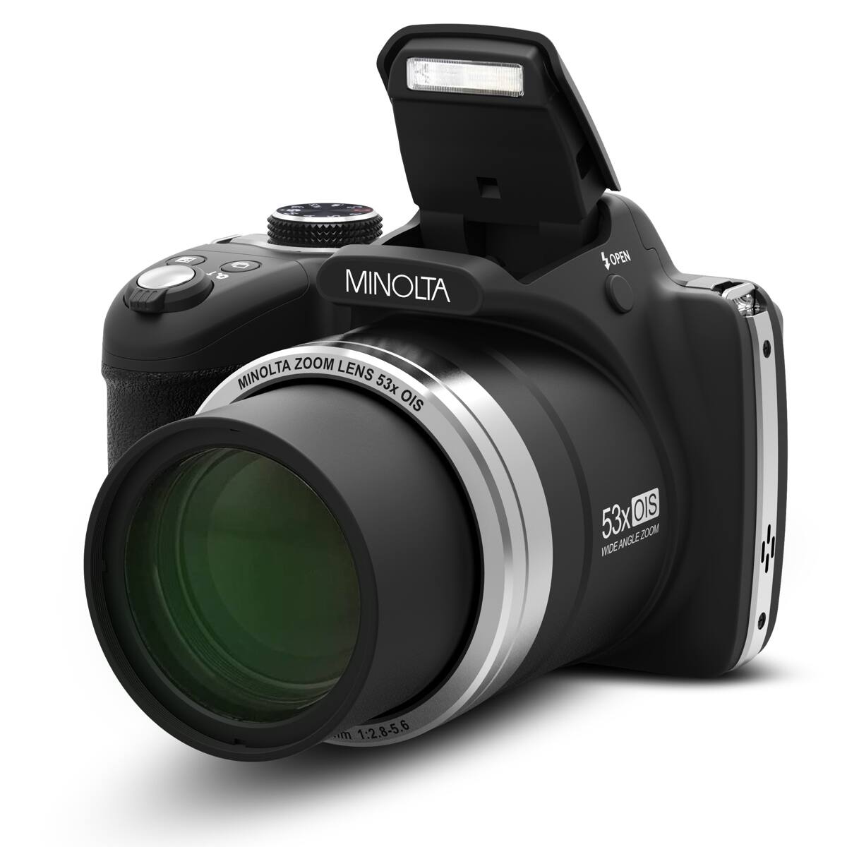 MINOLTA ZOOM LENS 53x OIS  
OPEN  
53x OIS WIDE ANGLE ZOOM  
1:2.8-5.6
