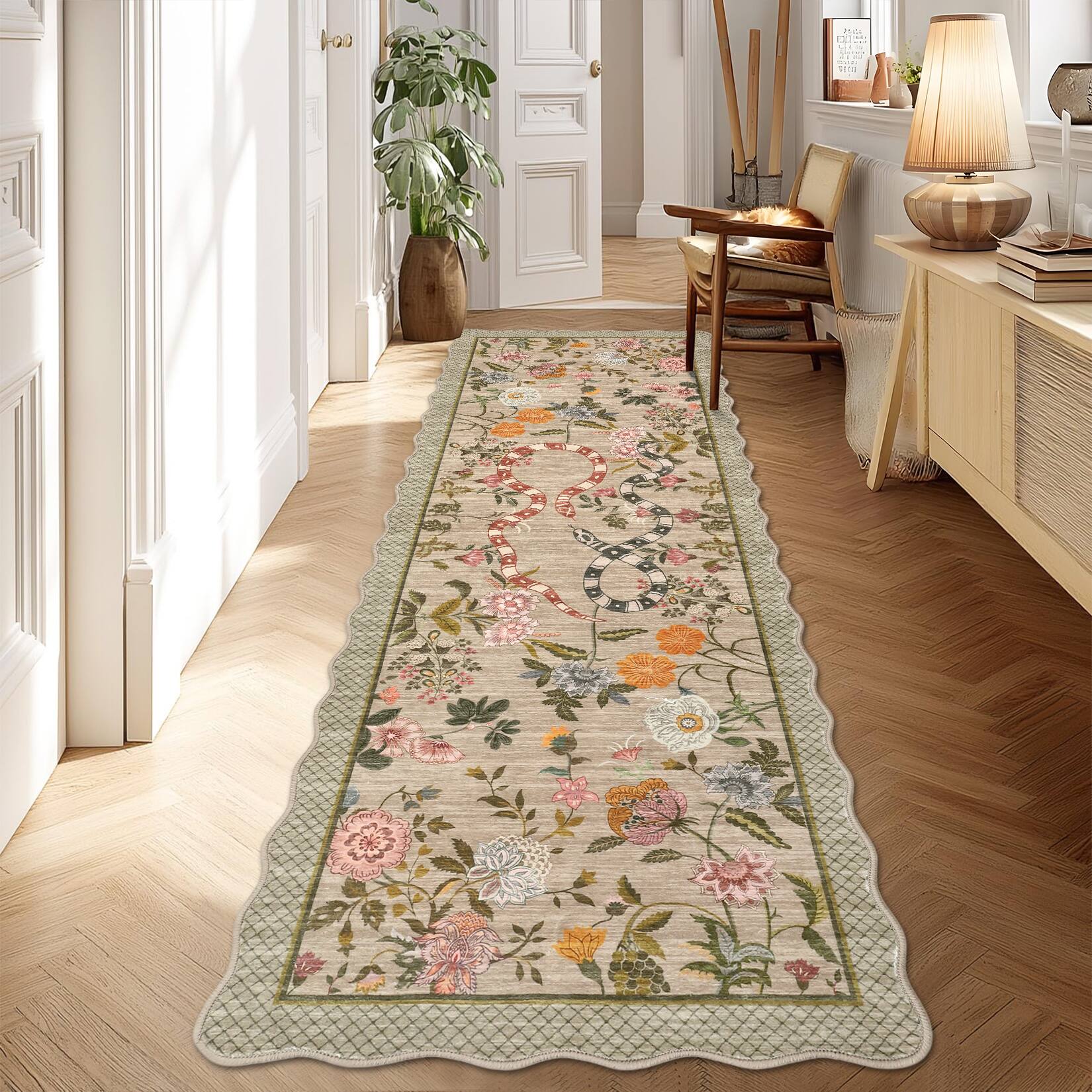 Front. GARVEE - Pastoral Washable Area Rug with Floral & Snake Pattern Ultra Soft Low Pile Non Slip Rug for Boho Farmhouse Bedroom - Brown.