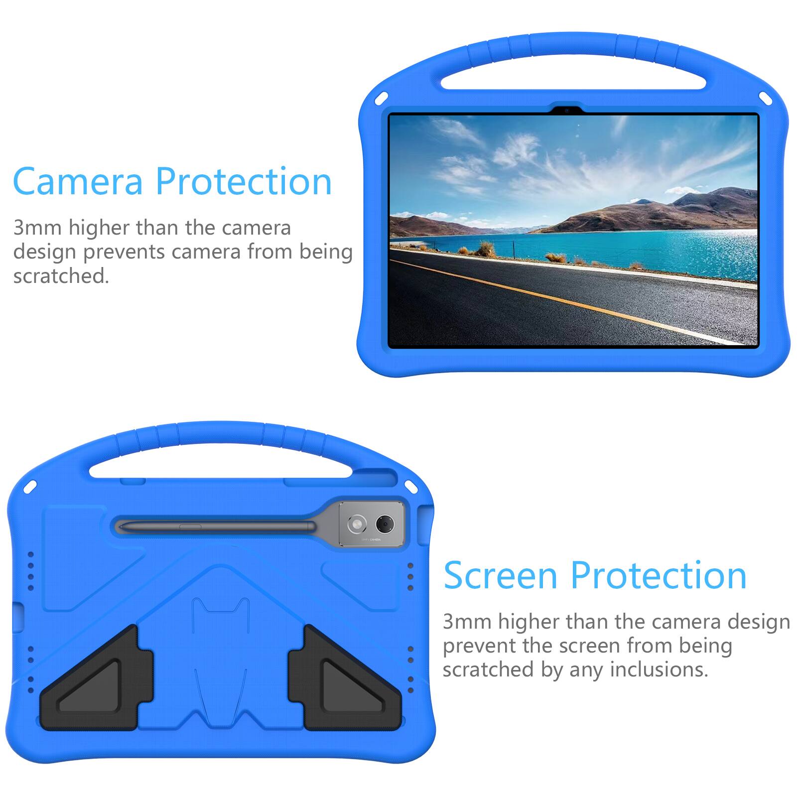 Camera Protection  
3mm higher than the camera design prevents camera from being scratched.  

Screen Protection  
3mm higher than the camera design prevent the screen from being scratched by any inclusions.