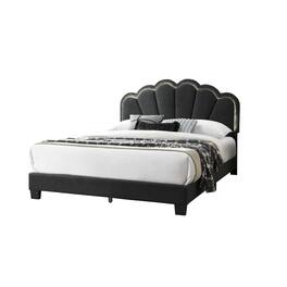 Manhattan Lane - Madsy Full Bed, Gray Upholstered Fan-Shaped Headboard, Metallic Accents - Charcoal Gray, Black