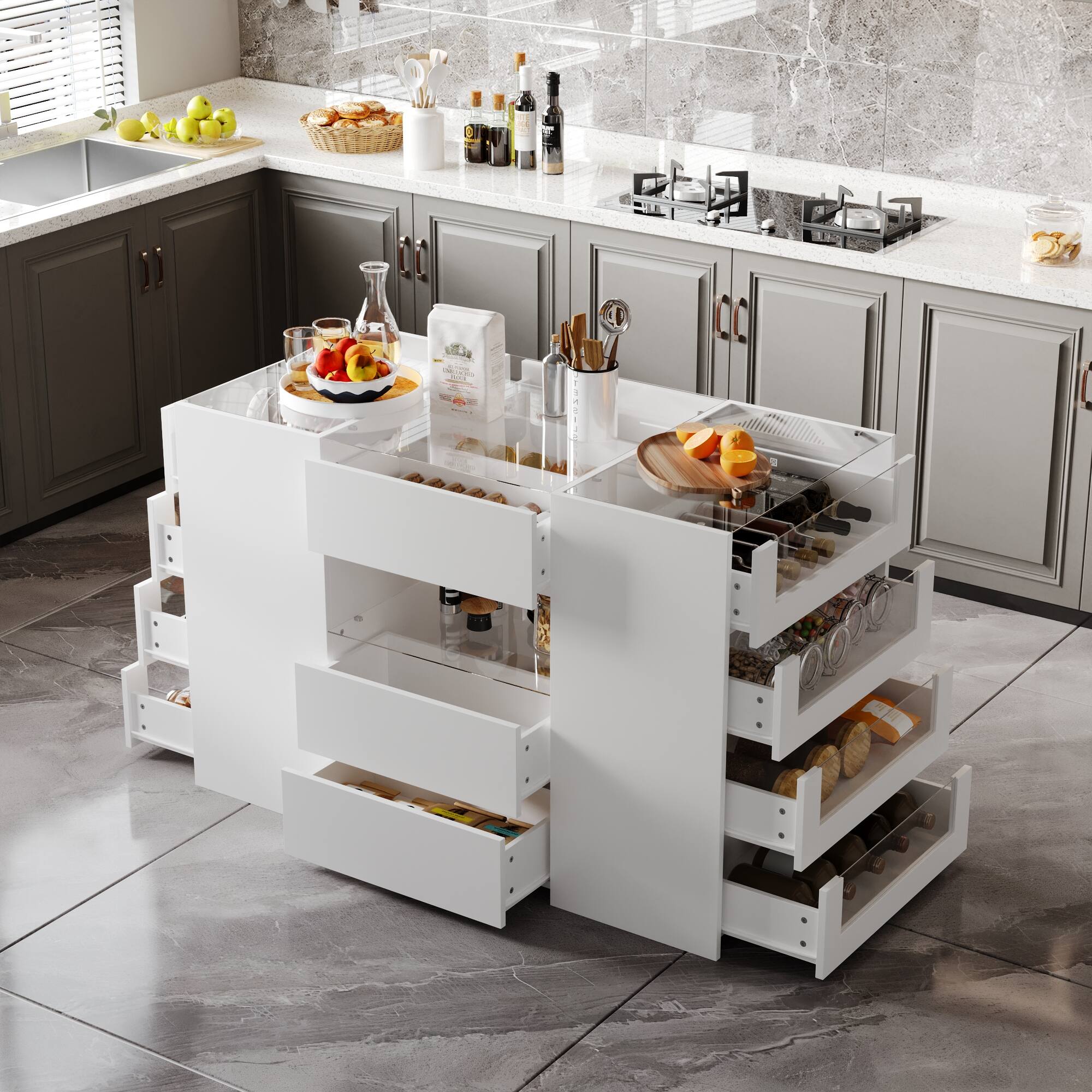 Front. Famapy - Famapy Kitchen Island: Clear - View Storage + Modular Smart Design - White.