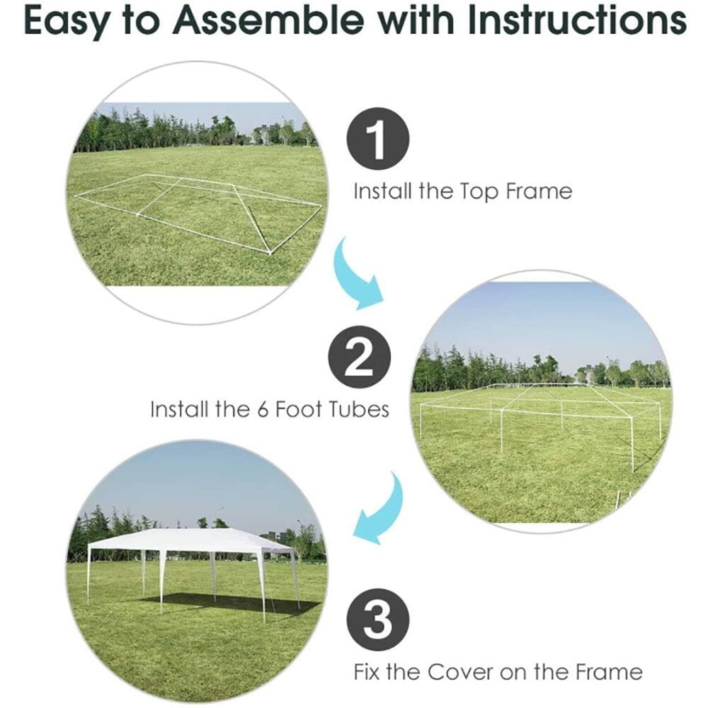 Easy to Assemble with Instructions

1. Install the Top Frame
2. Install the 6 Foot Tubes
3. Fix the Cover on the Frame