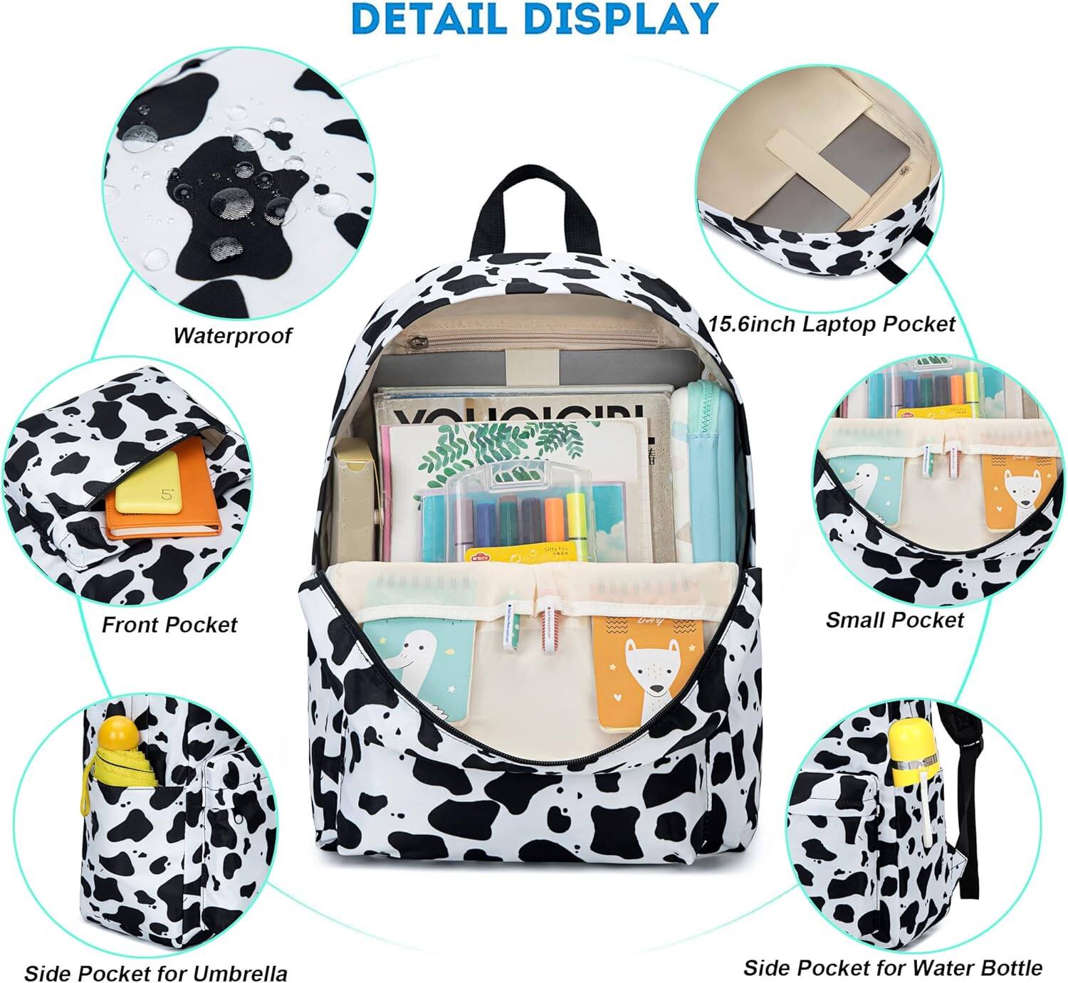 DETAIL DISPLAY

- Waterproof
- 15.6inch Laptop Pocket
- Front Pocket
- Small Pocket
- Side Pocket for Umbrella
- Side Pocket for Water Bottle