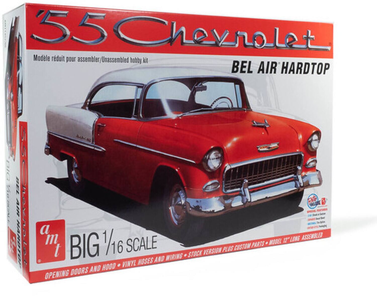 55 Chevrolet Model réduit pour assembler/Unassembled hobby kit BEL AIR HARDTOP  
BIG 1/16 SCALE  
OPENING DOORS AND HOOD • VINYL HOSES AND WIRING • STOCK VERSION PLUS CUSTOM PARTS  
MODEL 12" LONG ASSEMBLED