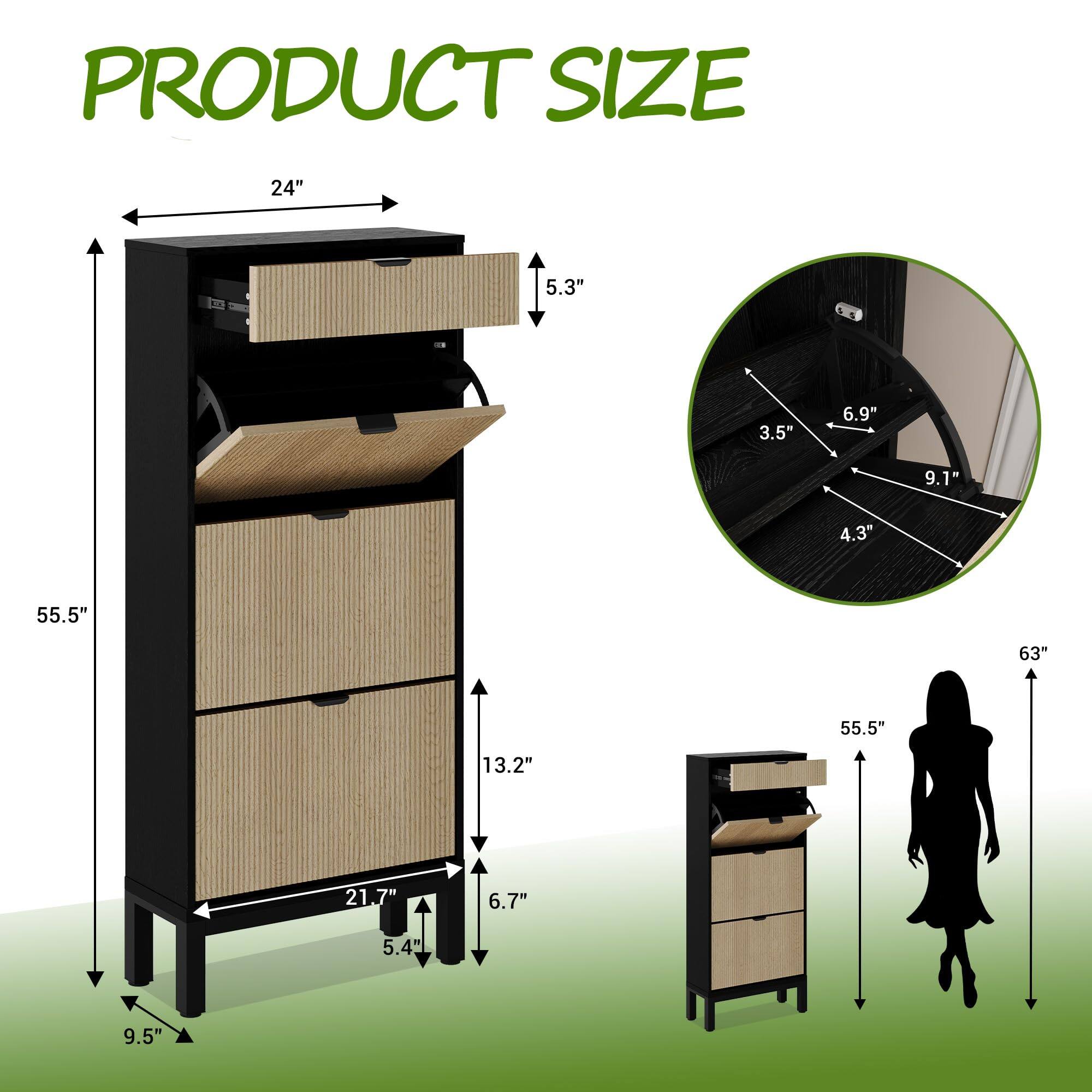PRODUCT SIZE

- Width: 24"
- Depth: 5.3"
- Height: 55.5"
- Drawer 1: 13.2" (height) x 21.7" (width) x 5.4" (depth)
- Drawer 2: 6.7" (height) x 21.7" (width) x 5.4" (depth)
- Bottom Shelf: 9.5" (height) x 21.7" (width) x 5.4" (depth)

Staircase:
- Step Width: 3.5"
- Step Depth: 4.3"
- Step Height: 6.9"
- Total Height: 9.1"

Tall Cabinet:
- Height: 63"
- Width: 55.5"