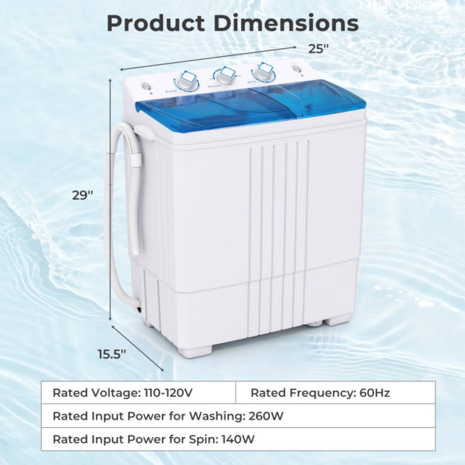 NEA EUtVISION EUTROVALO

Product Dimensions: 25" x 29" x 15.5"

Rated Voltage: 110-120V  
Rated Frequency: 60Hz  
Rated Input Power for Washing: 260W  
Rated Input Power for Spin: 140W