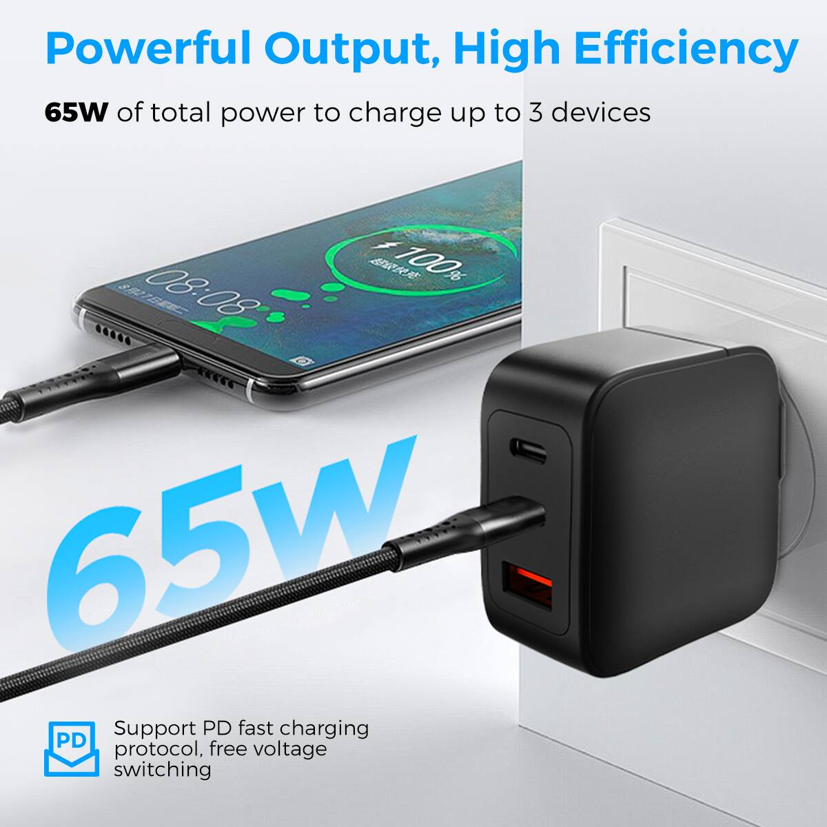 Powerful Output, High Efficiency, 65W of total power to charge up to 3 devices, 08:08, 100%, 65w, Support PD fast charging, PD protocol, free voltage switching