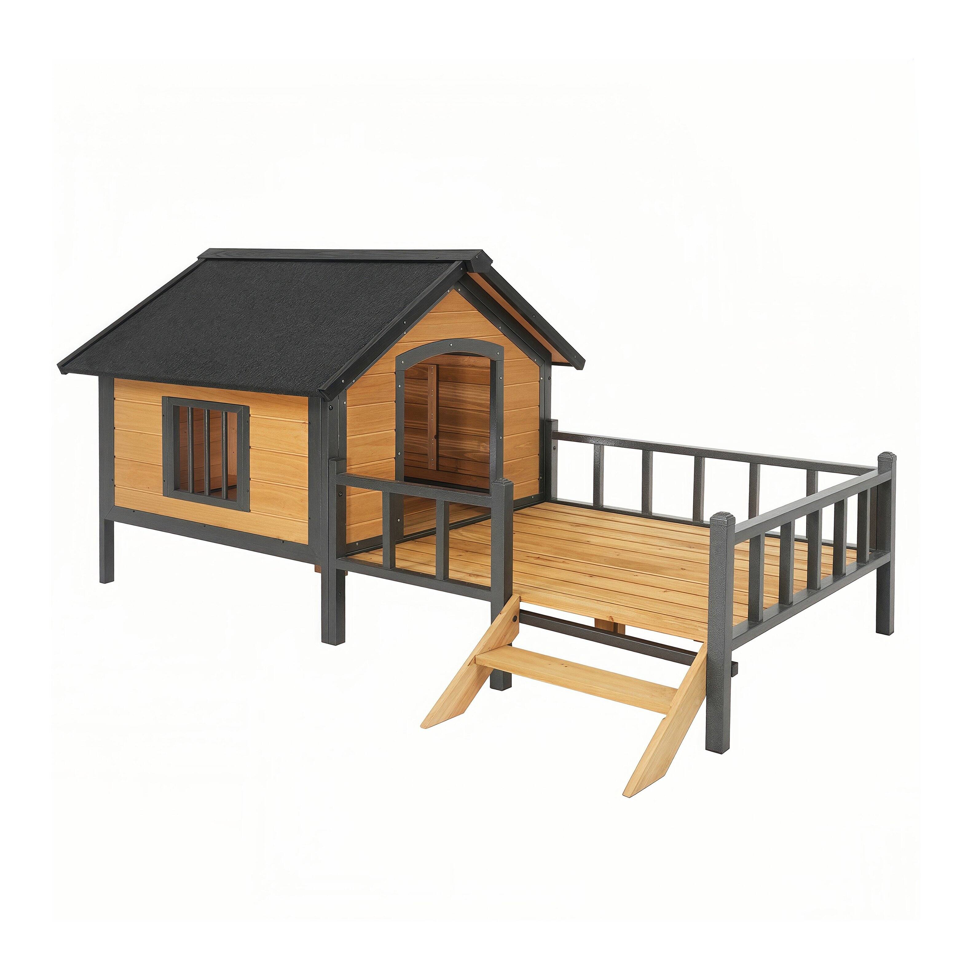Alt View 1. TinyHomie - Outdoor Large Wooden Cabin Dog Kennel with Porch Iron Frame - brown.