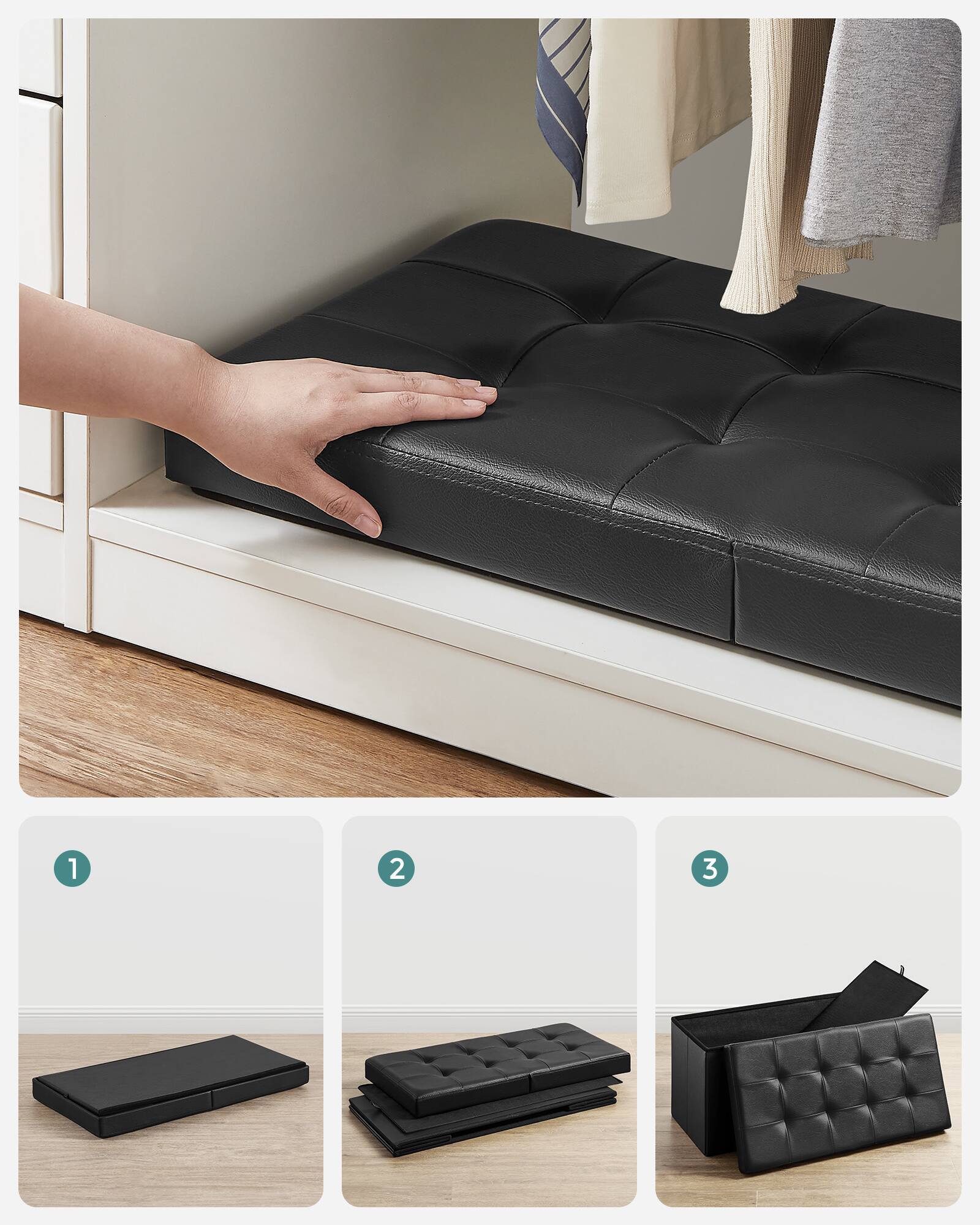 Alt View 3. Songmics Home - 30 Inches Folding Storage Ottoman Bench with Flipping Lid, Storage Chest Footstool, Faux Leather - Black.