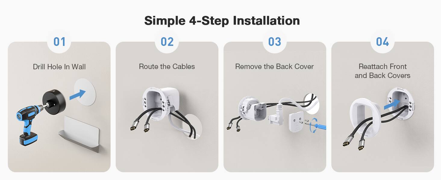 Simple 4-Step Installation

01 Drill Hole In Wall

02 Route the Cables

03 Remove the Back Cover

04 Reattach Front and Back Covers