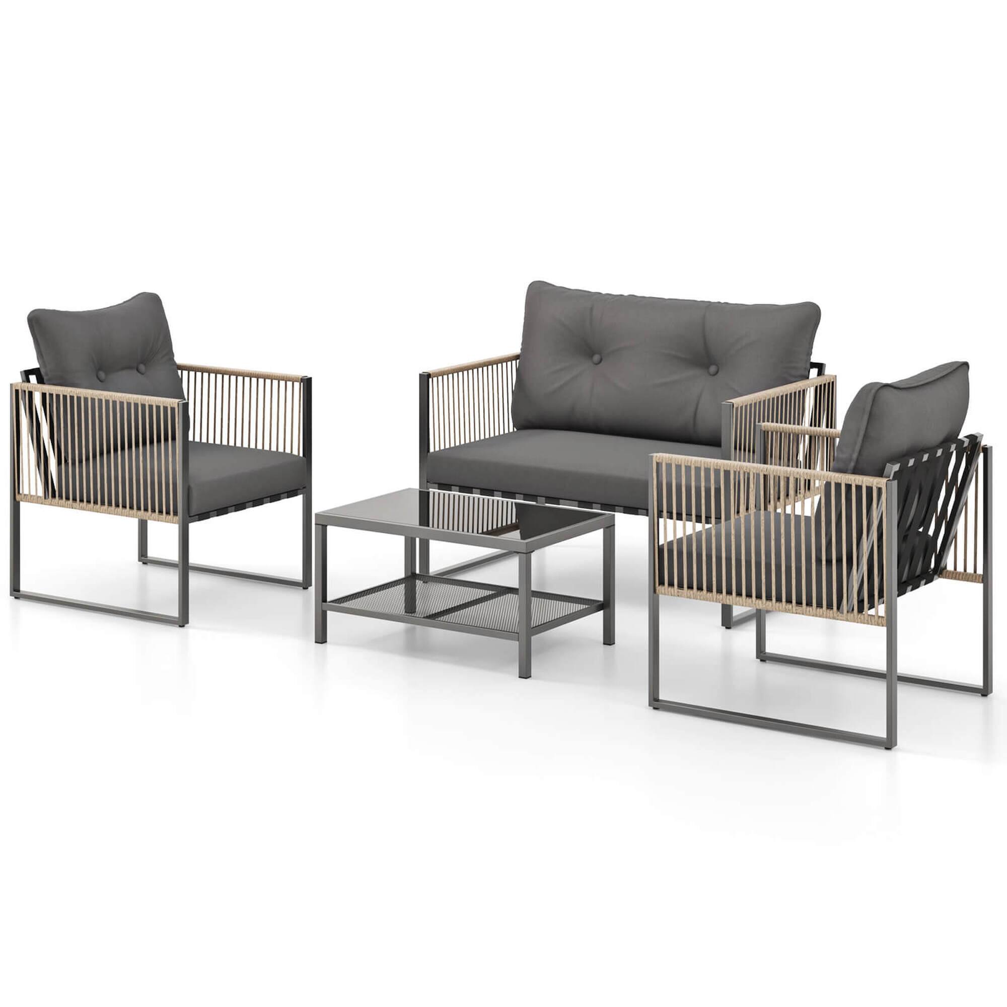 Costway - 4 PCS Patio Furniture Set PE Rattan Conversation Sofa Set with Thick Cushions - Light Brown