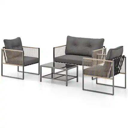 Front. Costway - 4 PCS Patio Furniture Set PE Rattan Conversation Sofa Set with Thick Cushions - Light Brown.