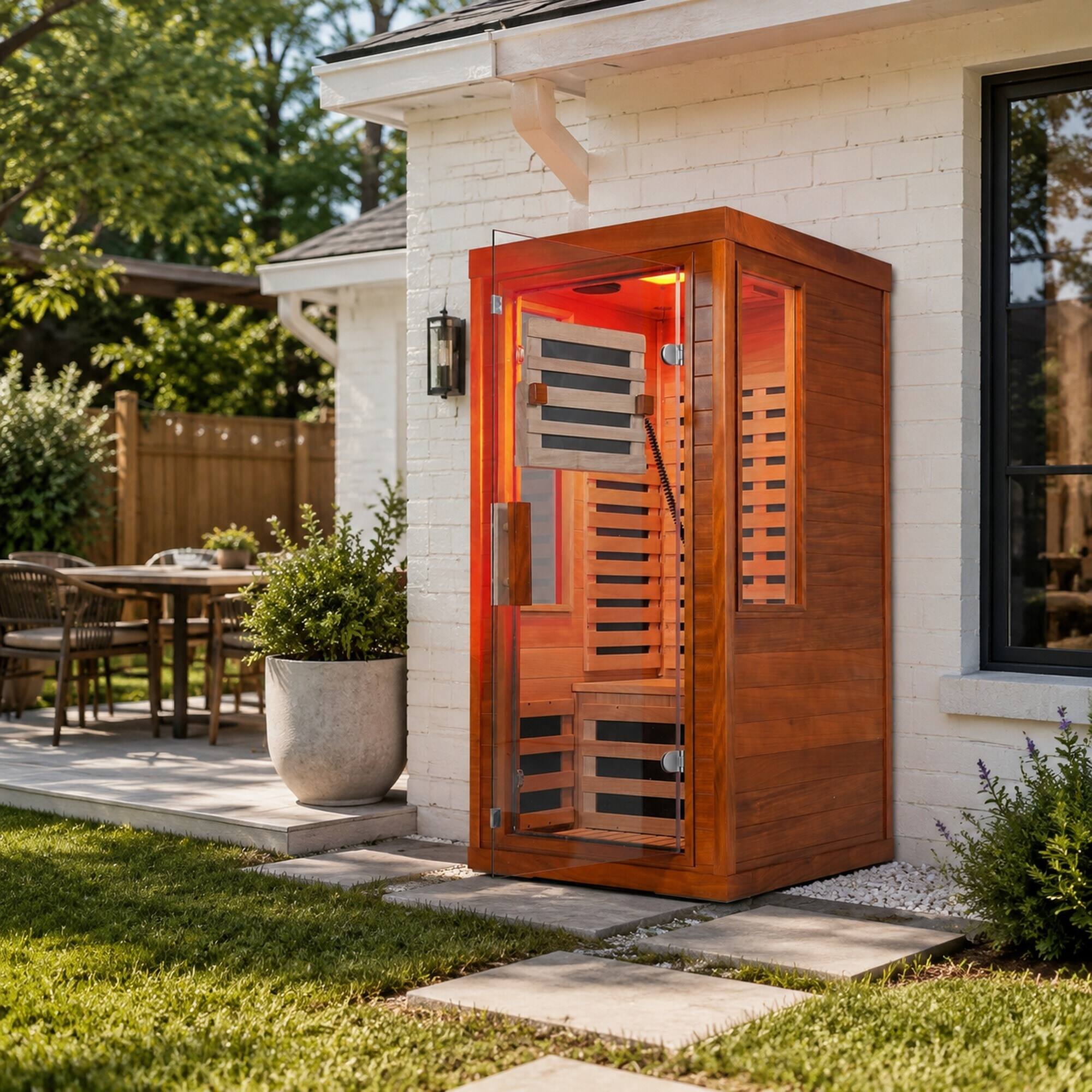 Alt View 1. RYHNUYNE - One Person Far Infrared Sauna, Okoume Wood, Tempered Glass Door, 31.5 x 31.5 x 63.3 in, Bluetooth Audio, Red Light - Natural.