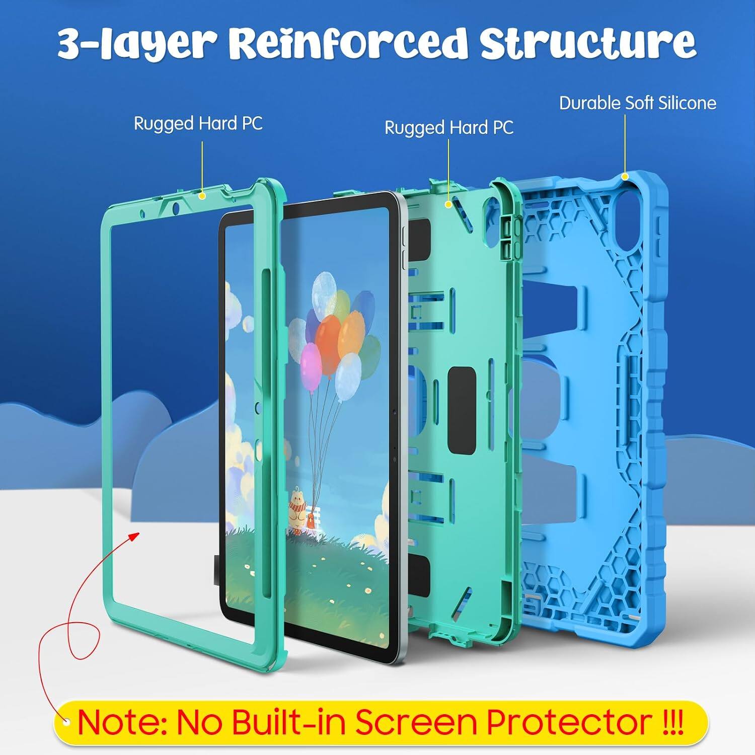 3-layer Reinforced Structure  
Rugged Hard PC  
Rugged Hard PC  
Durable Soft Silicone  
Note: No Built-in Screen Protector !!!
