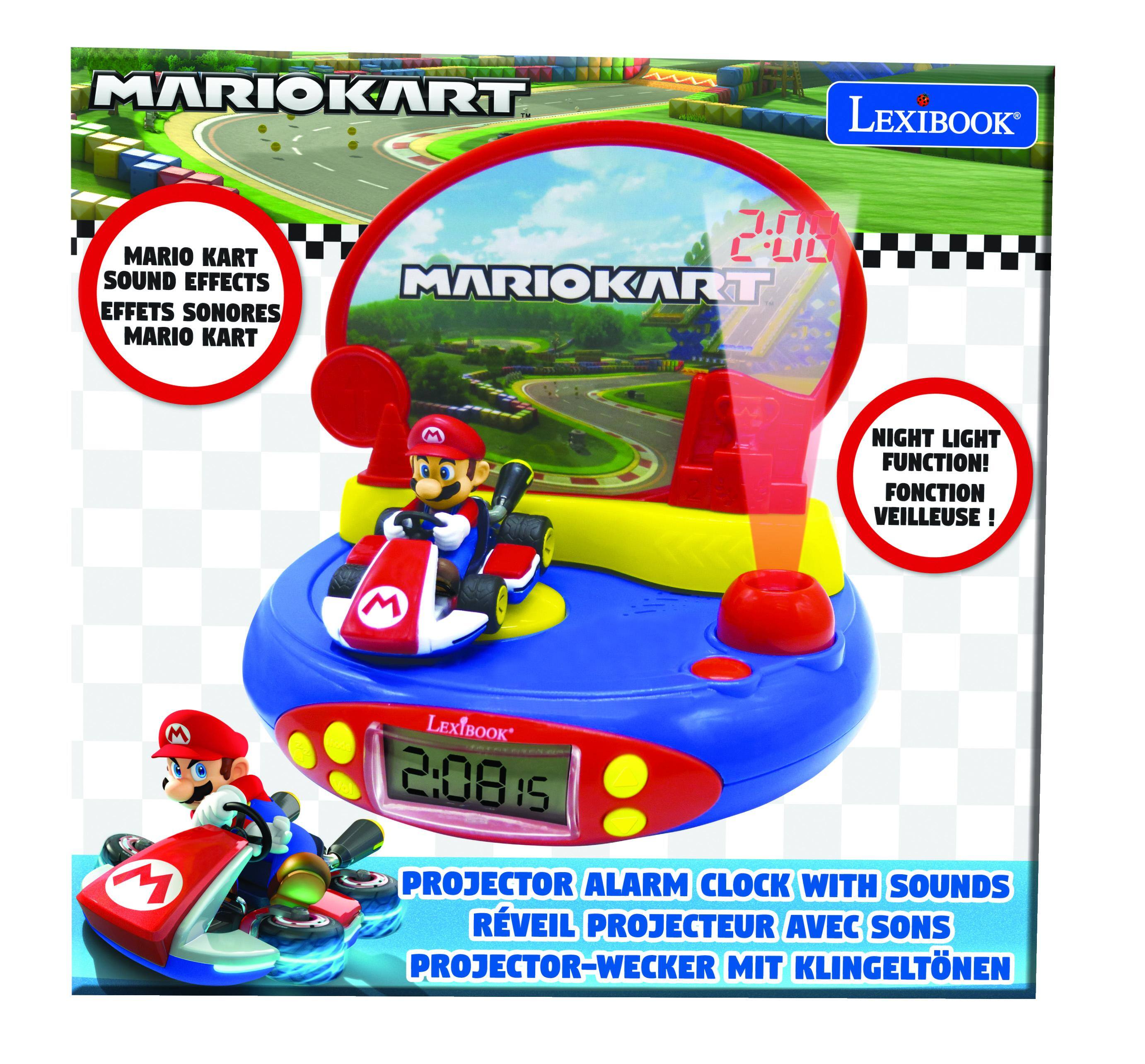 MARIOKART  
LEXIBOOK  
MARIO KART  
2:06  
SOUND EFFECTS  
EFFETS SONORES  
MARIO KART  

NIGHT LIGHT FUNCTION!  
FONCTION VEILLEUSE!  

LEXIBOOK  
2:08:15  

PROJECTOR ALARM CLOCK WITH SOUNDS  
RÉVEIL PROJECTEUR AVEC SONS  
PROJECTOR-WECKER MIT KLINGELTÖNEN