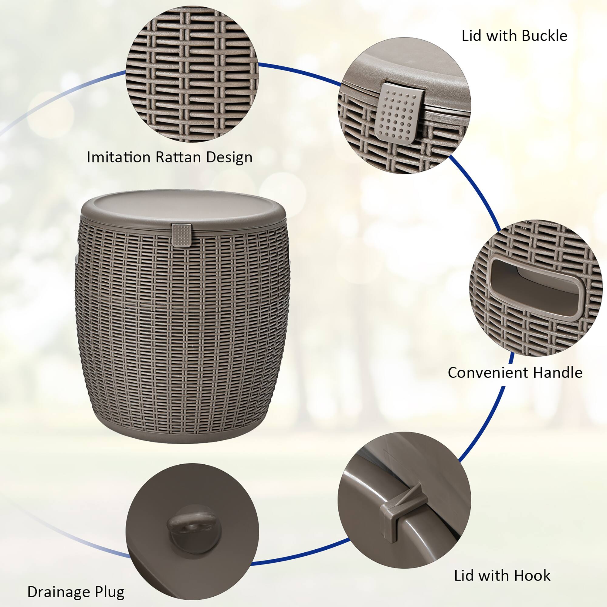 - Lid with Buckle
- Imitation Rattan Design
- Convenient Handle
- Drainage Plug
- Lid with Hook