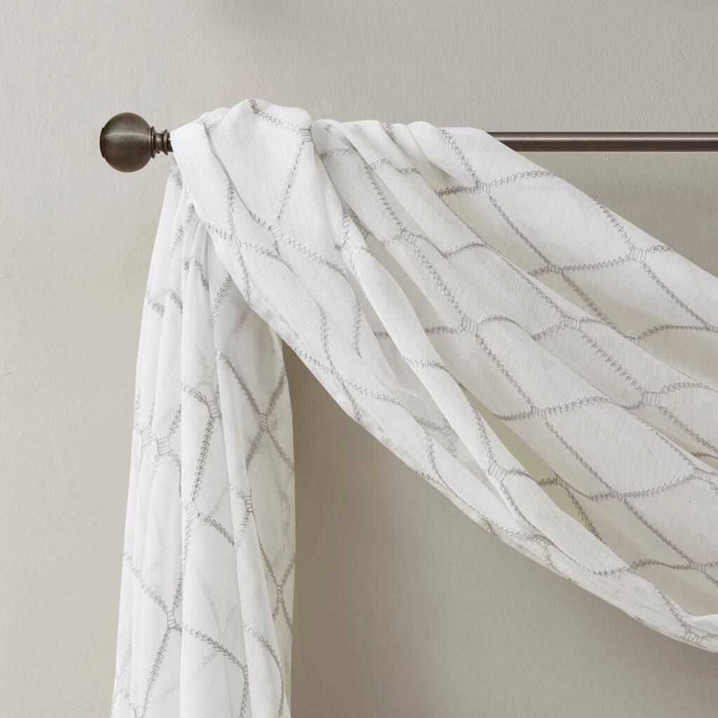 Alt View 1. BreeBe - Diamond Sheer Embroidered Window Scarf - Grey, White.