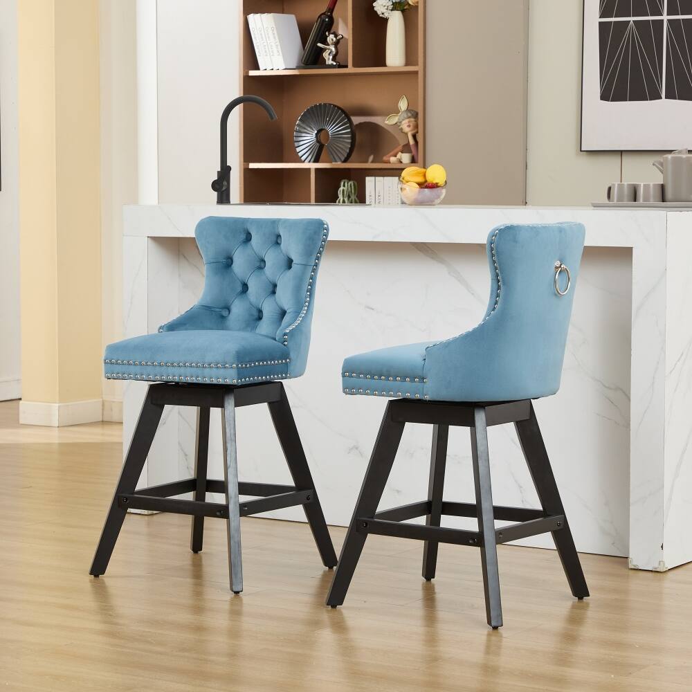 Front. Loheer - Loheer Swivel Velvet Barstools Set of 2 Light Blue Button Tufted Bar Chairs Wooden Legs Chrome Nailhead Trim - Light Blue.
