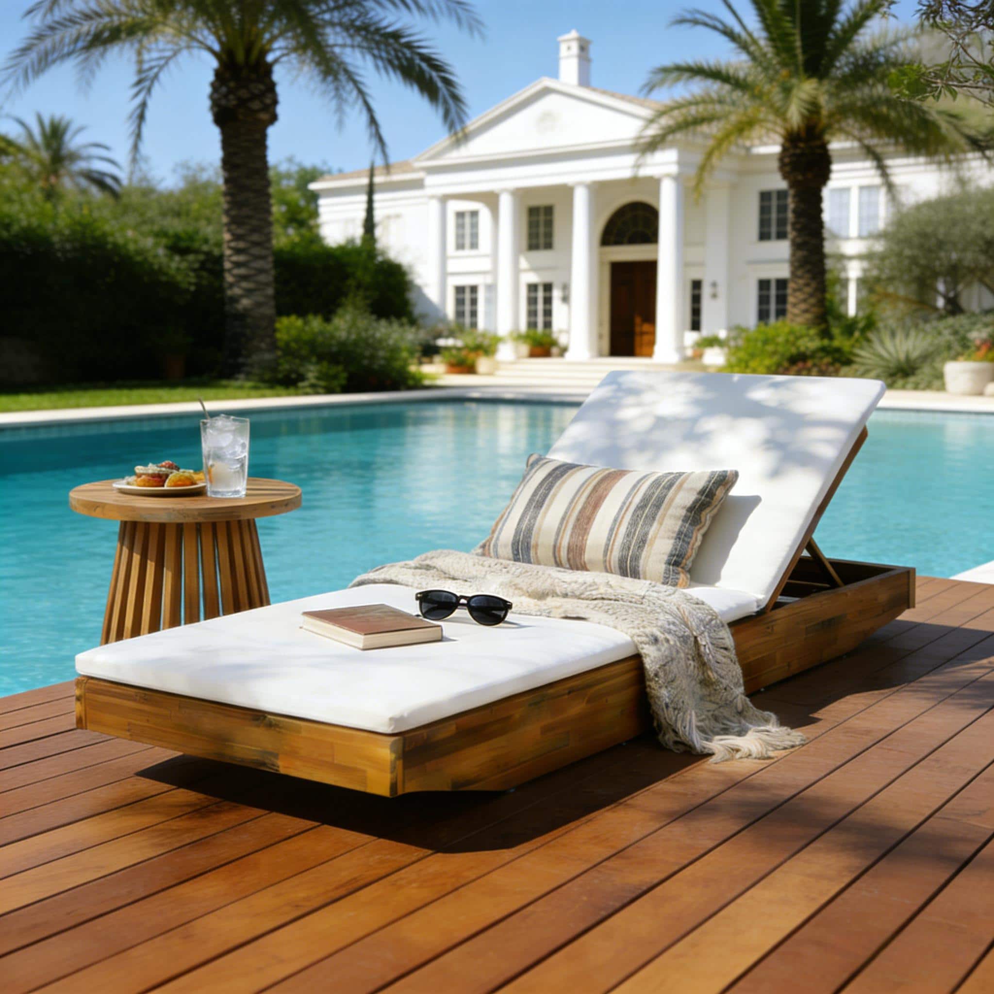 Anysun - Acacia Wood Chaise Lounge with Teak Finish, Outdoor Recliner with 2-Fold Water-Repellent Cushion - Cream