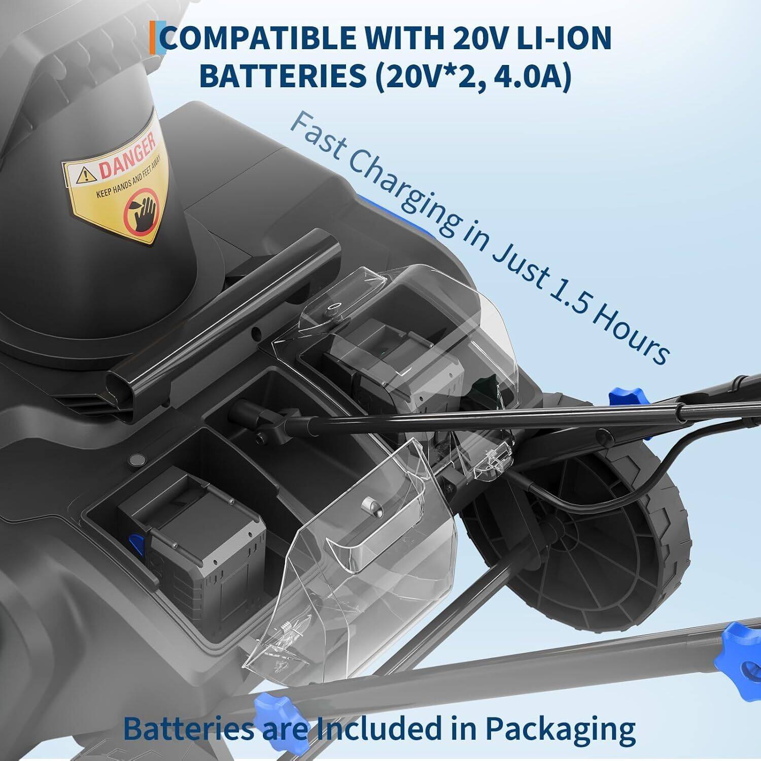 COMPATIBLE WITH 20V LI-ION BATTERIES (20V*2, 4.0A)

Fast Charging in Just 1.5 Hours

Batteries are Included in Packaging

DANGER
KEEP HANDS AND FEET AWAY