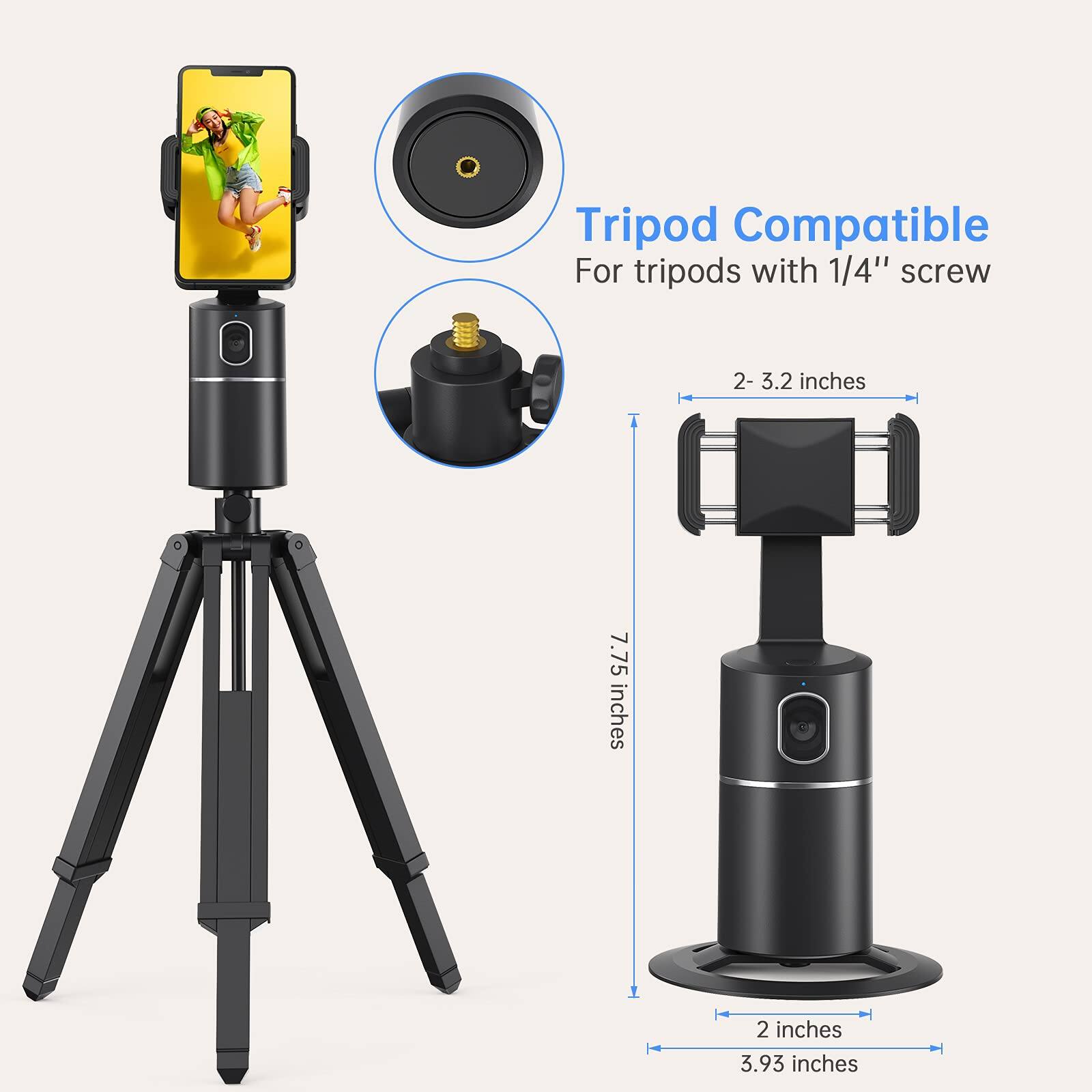 Tripod Compatible  
For tripods with 1/4" screw  

2 - 3.2 inches  
7.75 inches  
2 inches  
3.93 inches
