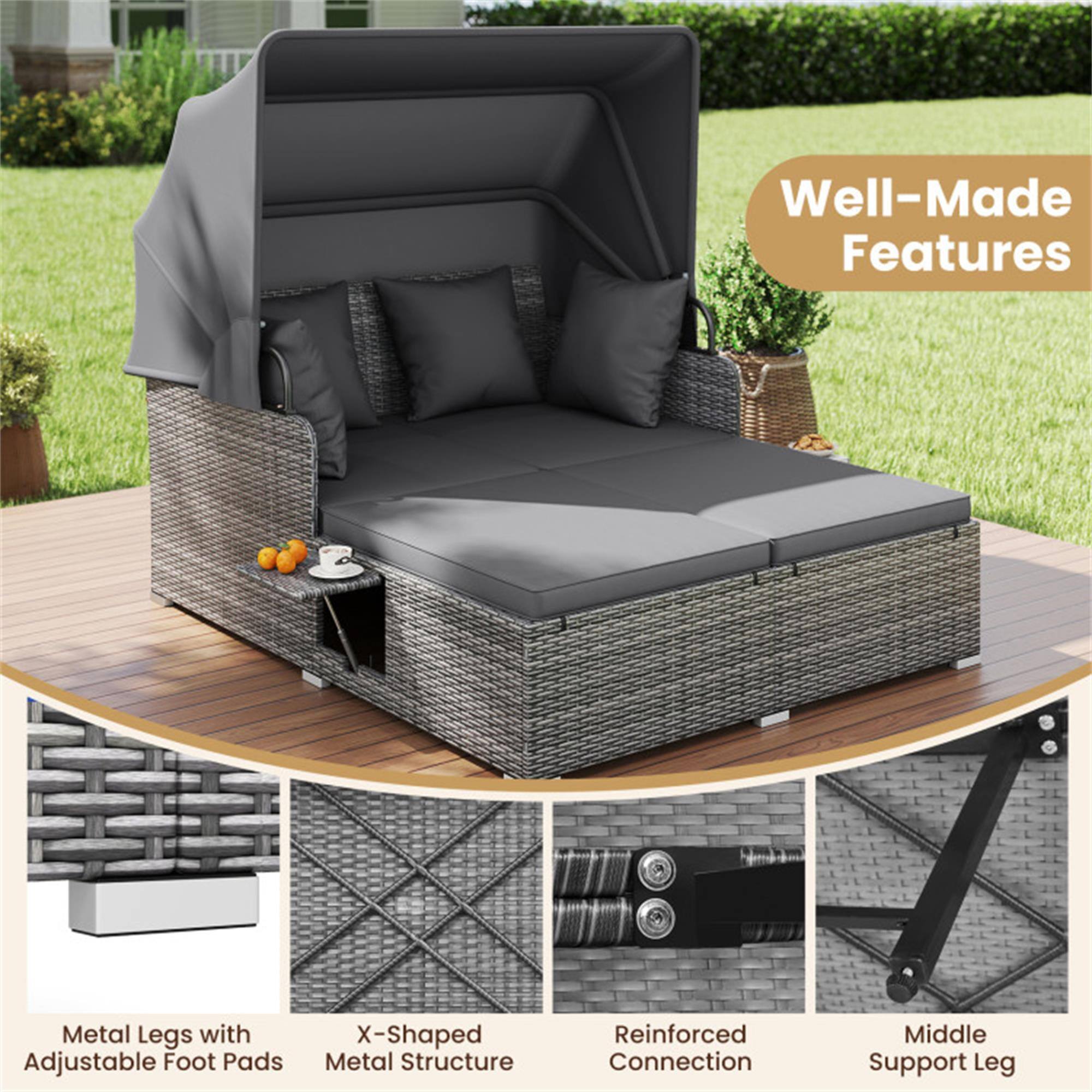 Well-Made Features

- Metal Legs with Adjustable Foot Pads
- X-Shaped Metal Structure
- Reinforced Connection
- Middle Support Leg