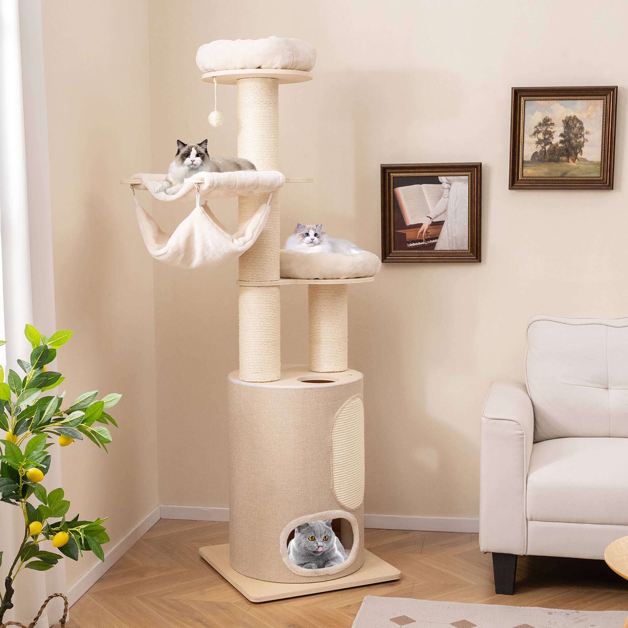 Alt View 1. Gymax - Gymax 74'' Tall Wooden Cat Tower Tree w/ 2-Story Cat Condo 2-Style Hammocks.
