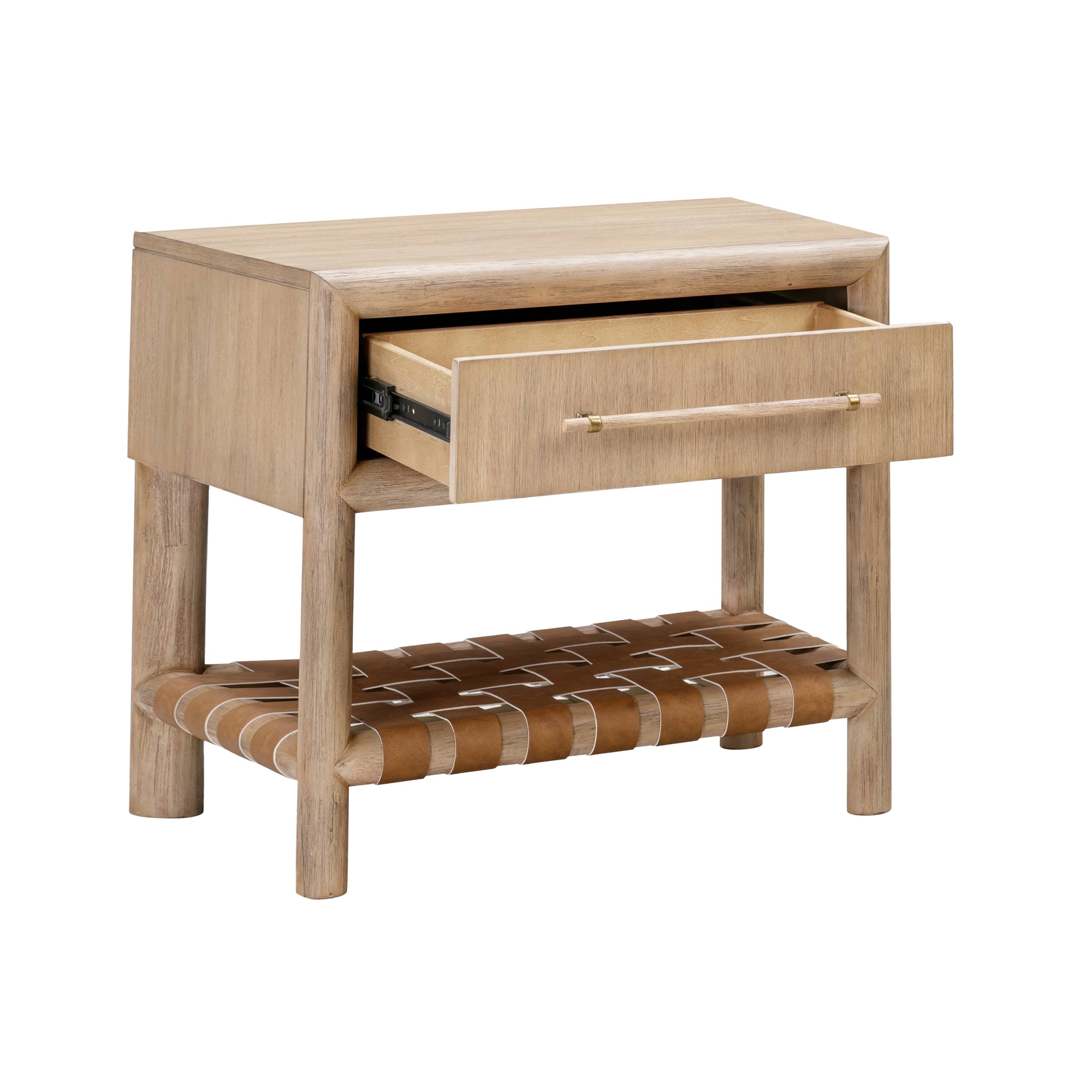 Left. Manhattan Lane - Dory 26 Inch Nightstand, 1 Drawer, Open Shelf, USB Charge Port,  Wood - Brown.