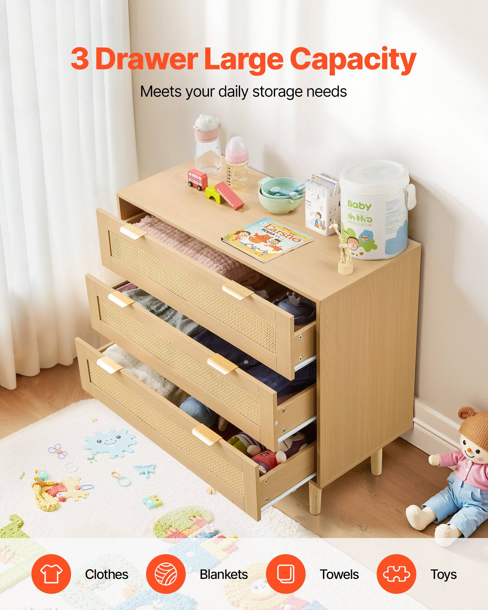 3 Drawer Large Capacity  
Meets your daily storage needs  

Clothes  
Blankets  
Towels  
Toys