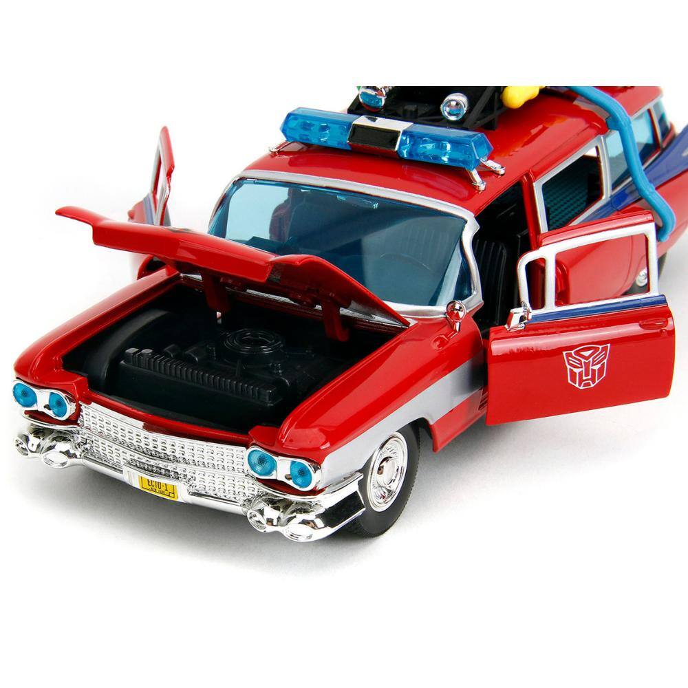 Left. Jada - 1959 Cadillac Ambulance Ecto-1 Red – Transformers x Ghostbusters (1984) Crossover Hollywood Rides 1/24 - Red.