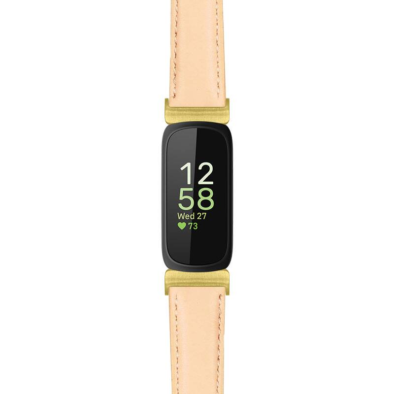 Front. StrapsCo - Everyday Leather Watch Band Strap For Fitbit Inspire 3 (Extra Long) - Light Pink (Yellow Gold Hardware).