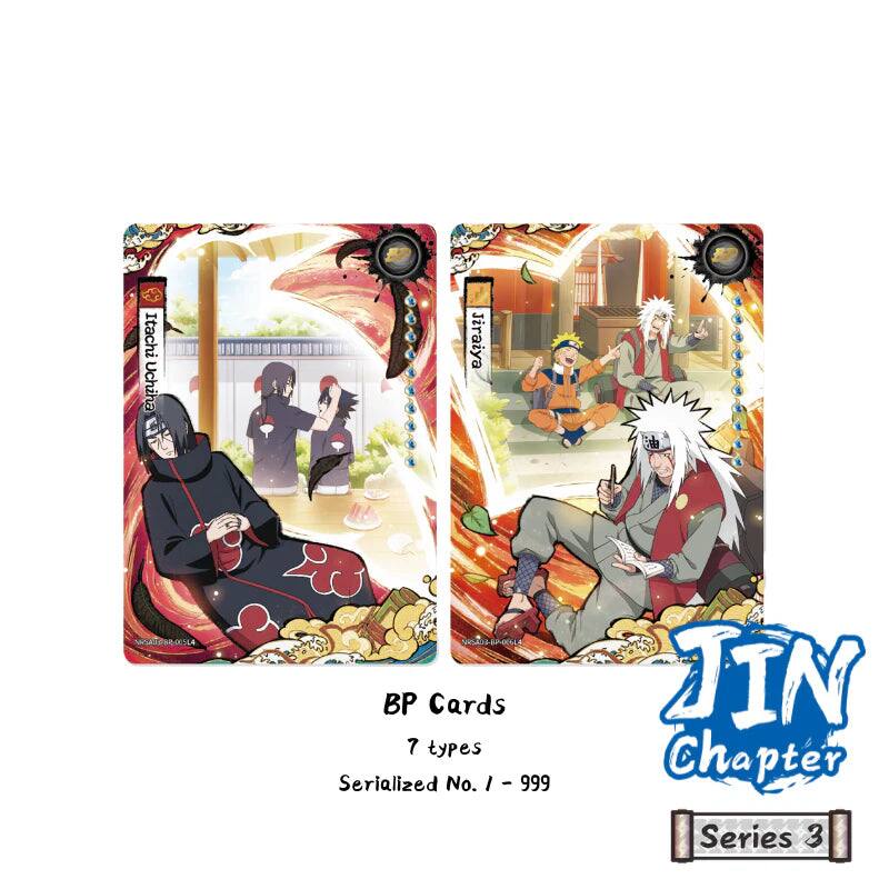 Itachi Uchiha Jiraiya  
ESLA OR BP Cards  
7 types  
Serialized No. 1 - 999  
JIN Chapter Series 3