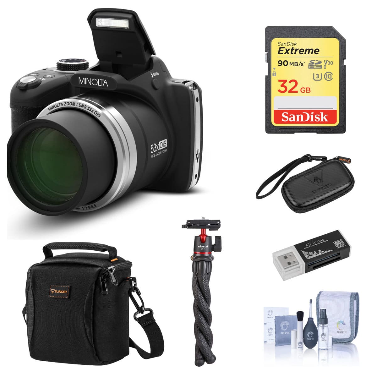 Bundle - Minolta - MN53Z 16MP FHD Digital Camera with 53x Optical Zoom, Wi-Fi, Black with Shoulder Bag, Octopus Tripod, 32GB