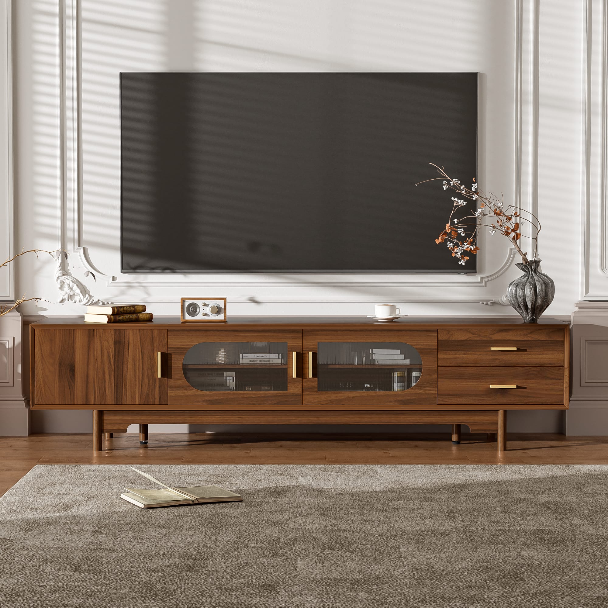 MERAVOM - TV Stand for TVs Up to 85", Modern TV Cabinet with Fluted Glass Doors & 2 Drawers, Entertainment Center for Living Room - Walnut