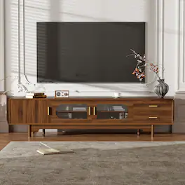 MERAVOM - TV Stand for TVs Up to 85", Modern TV Cabinet with Fluted Glass Doors & 2 Drawers, Entertainment Center for Living Room - Walnut