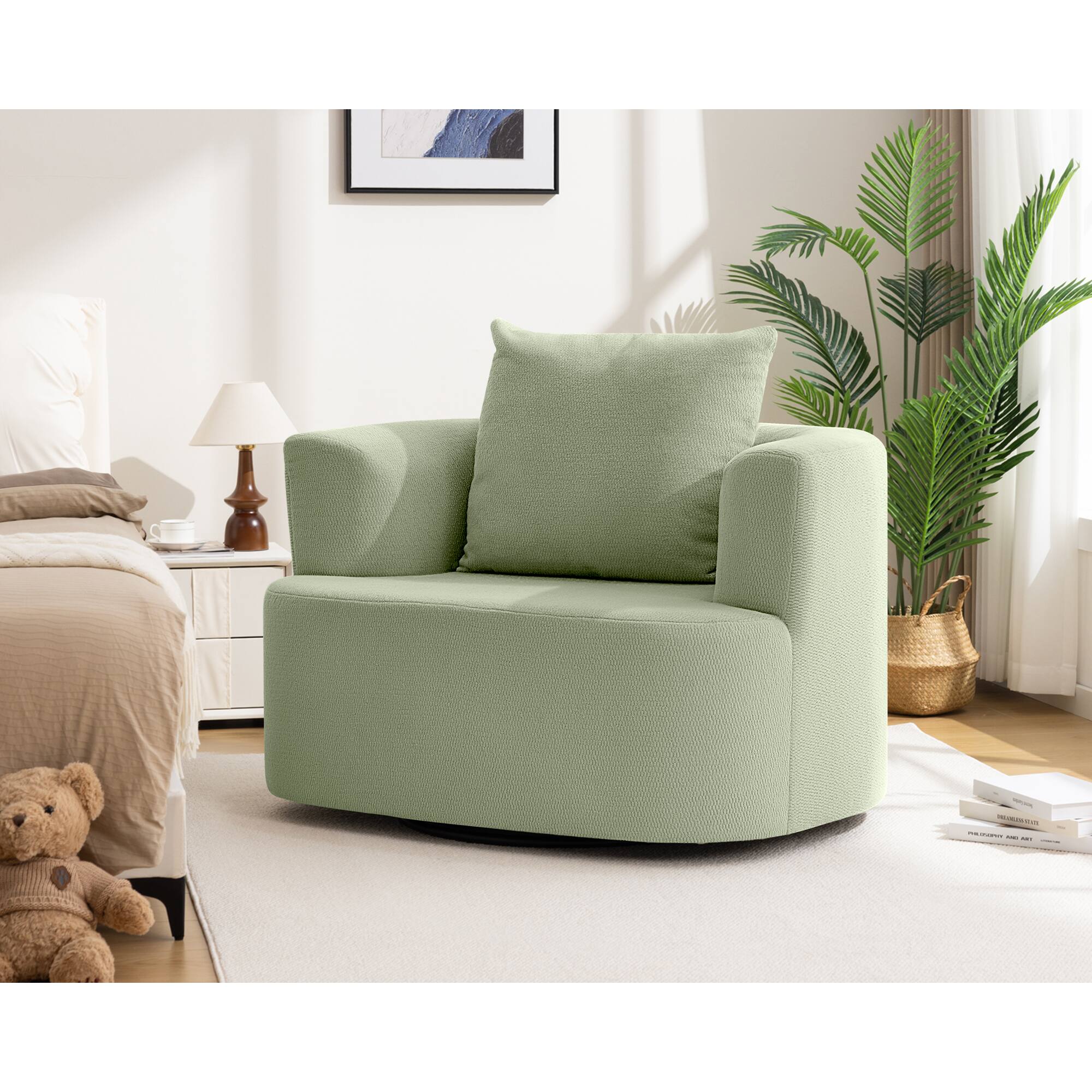 Alt View 6. KERDOM - Plush Swivel Accent Armchair, Single Sofa Lounge Chair, Upholstered Reading Chair, Reception Room Seating Rotating Base - Green.