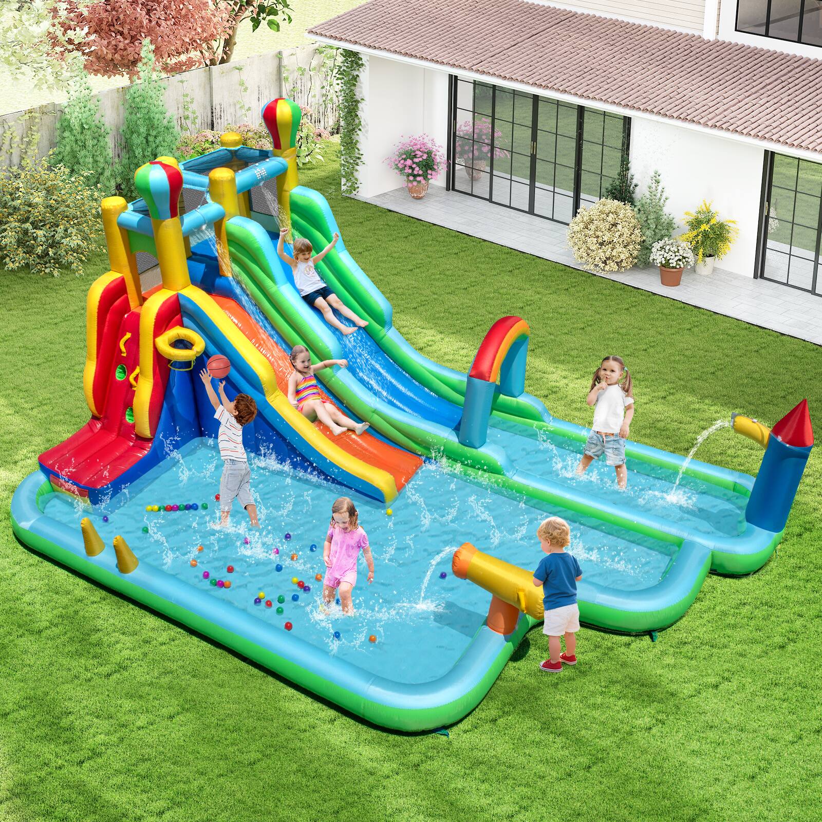 Front. Gymax - Gymax Inflatable Water Park w/Climbing Wall Basketball Rim Splash Pool Blower Excluded - MultiColor.