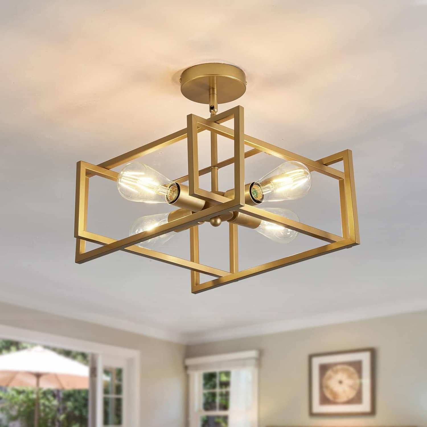 Alt View 2. FINEAK - 12.2in 4-Light Farmhouse Gold Flush Mount Ceiling Light.