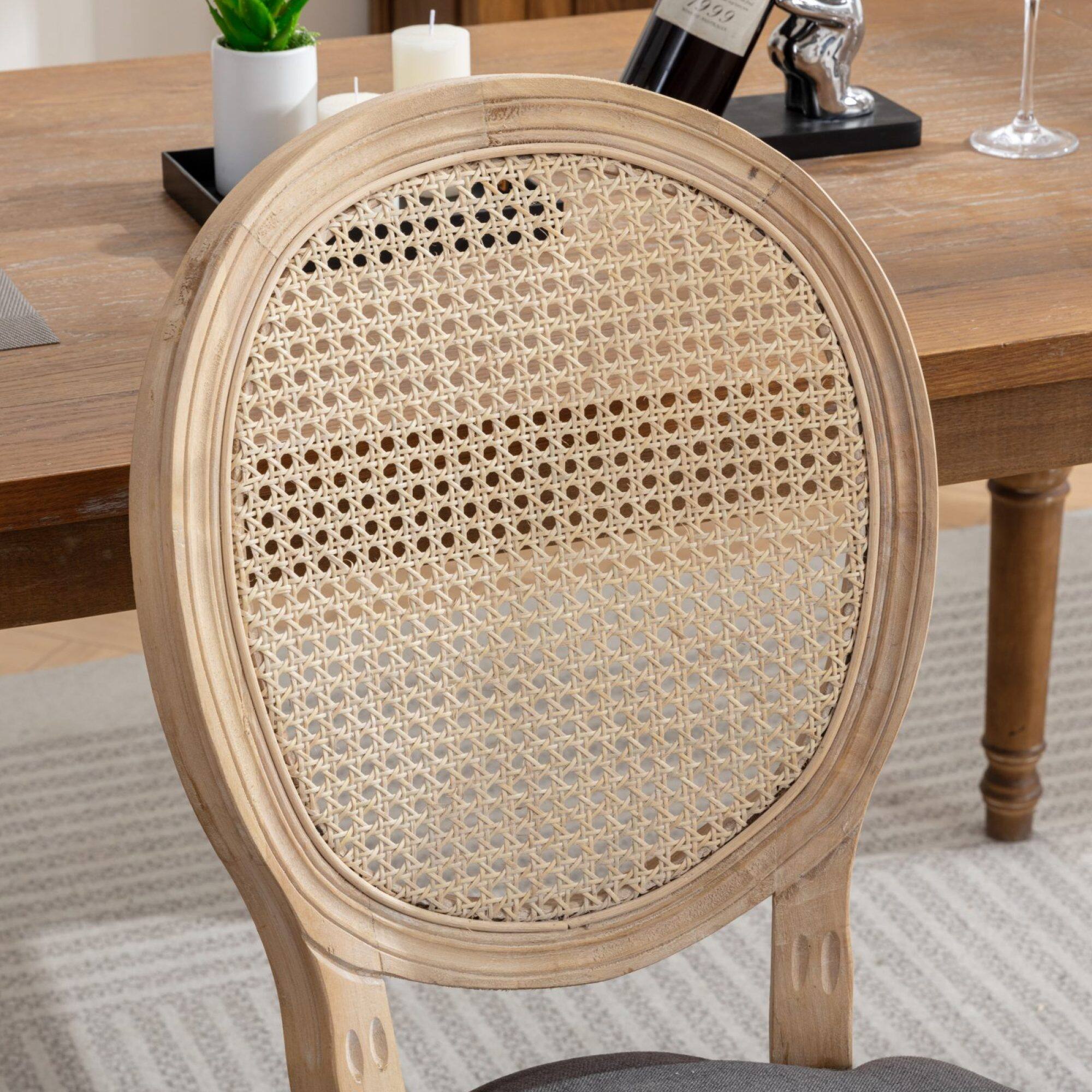 Alt View 4. GOODSILO - French Style Solid Wood Dining Chairs with Linen Upholstery and Rattan Backrest, Set of 2 - Gray.