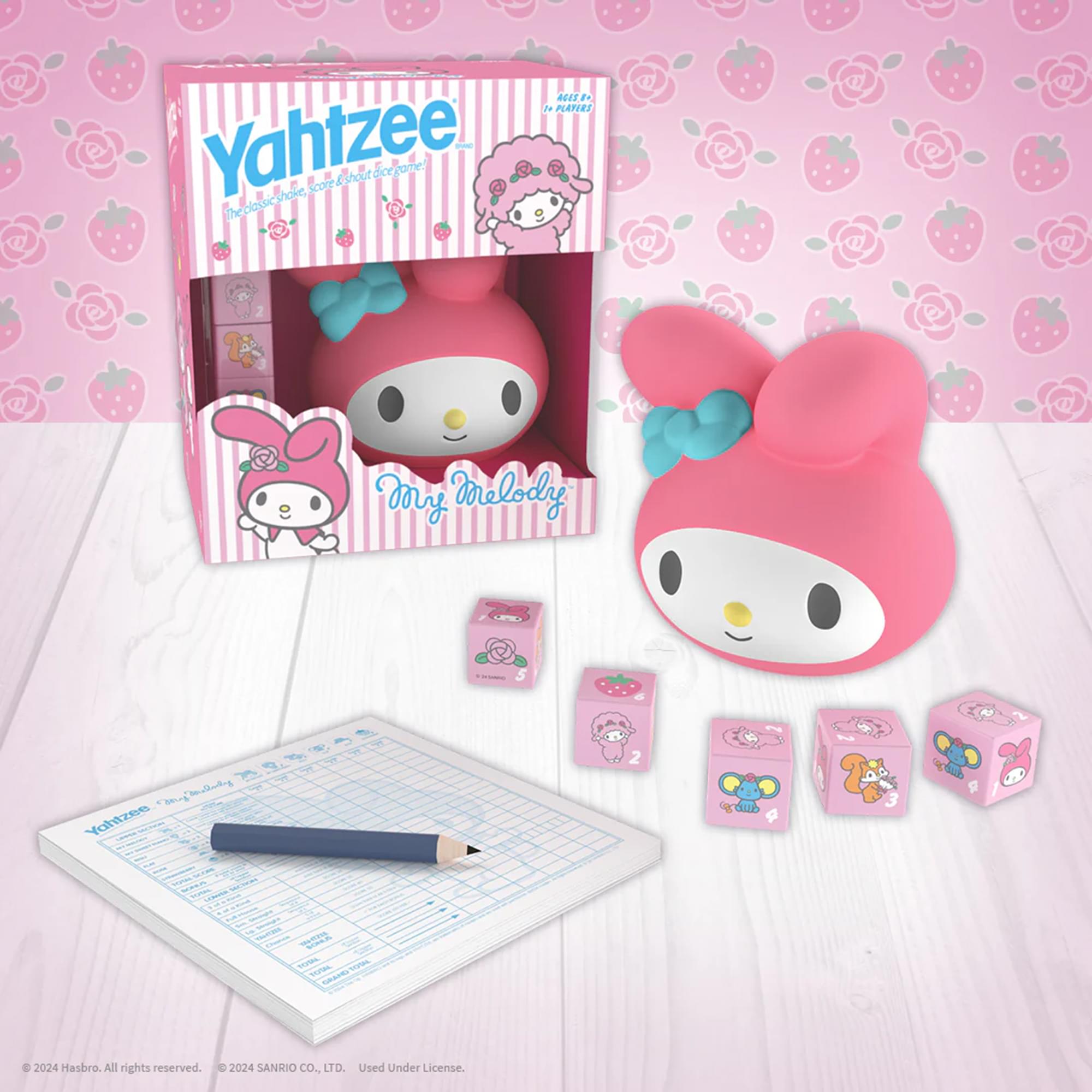 Yahtzee  
The classic shake, roll & shout game!  

My Melody  

© 2024 Hasbro. All rights reserved.  
© 2024 SANRIO CO., LTD. Used Under License.