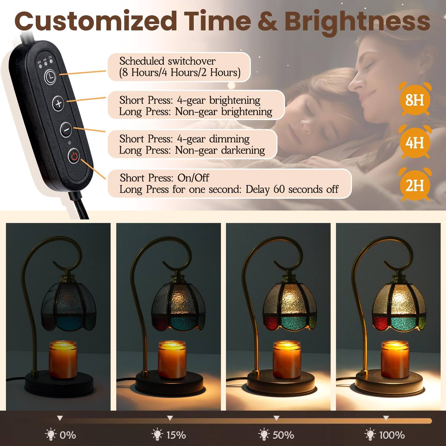 Customized Time & Brightness

Scheduled switchover (8 Hours/4 Hours/2 Hours)

- Short Press: 4-gear brightening
- Long Press: Non-gear brightening

- Short Press: 4-gear dimming
- Long Press: Non-gear darkening

- Short Press: On/Off
- Long Press for one second: Delay 60 seconds off

0% 15% 50% 100%