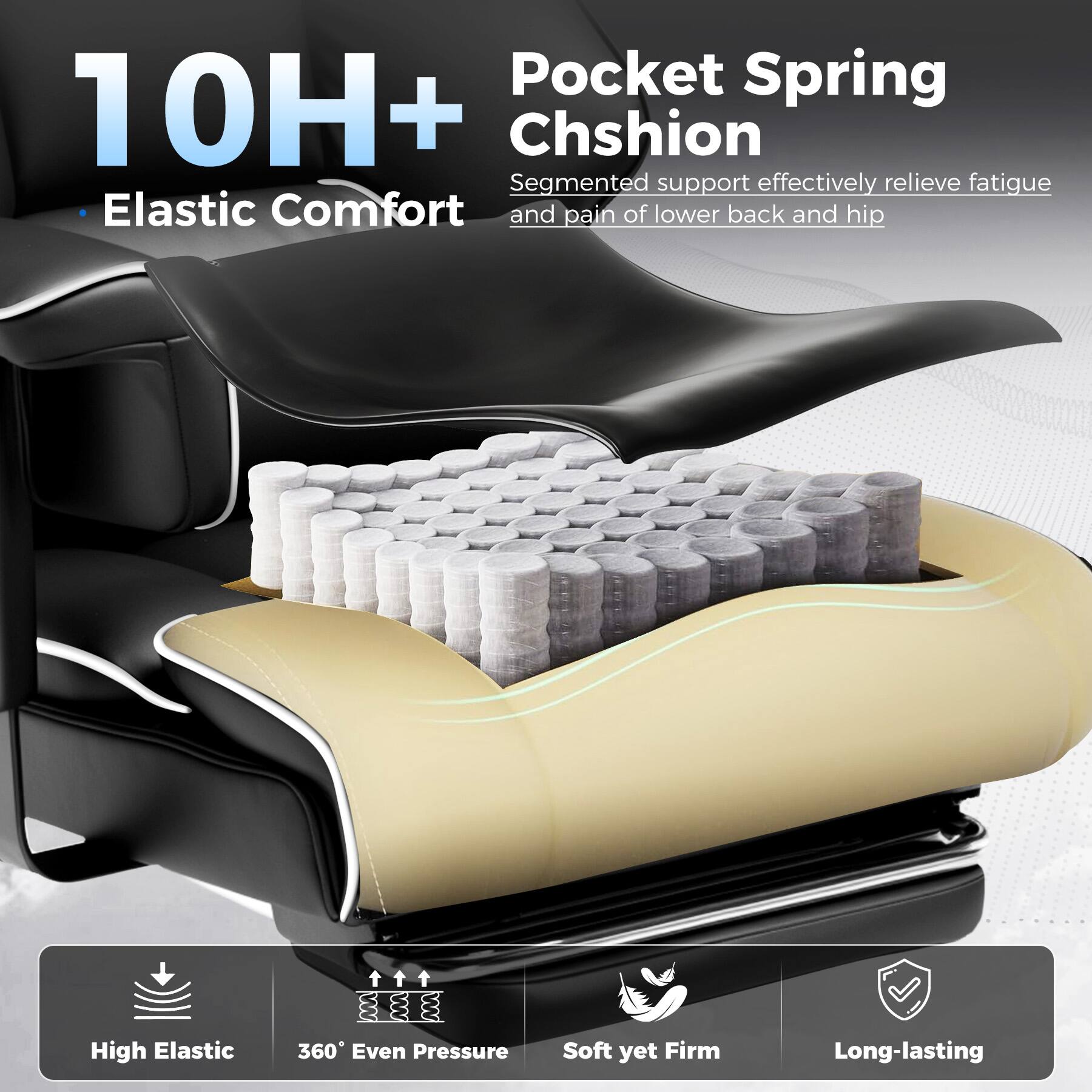 Pocket Spring 10H+ Chshion: Segmented support effectively relieves fatigue. Elastic Comfort and pain relief for lower back and hip. High Elastic # 360 Even Pressure. Soft yet Firm. Long-lasting.