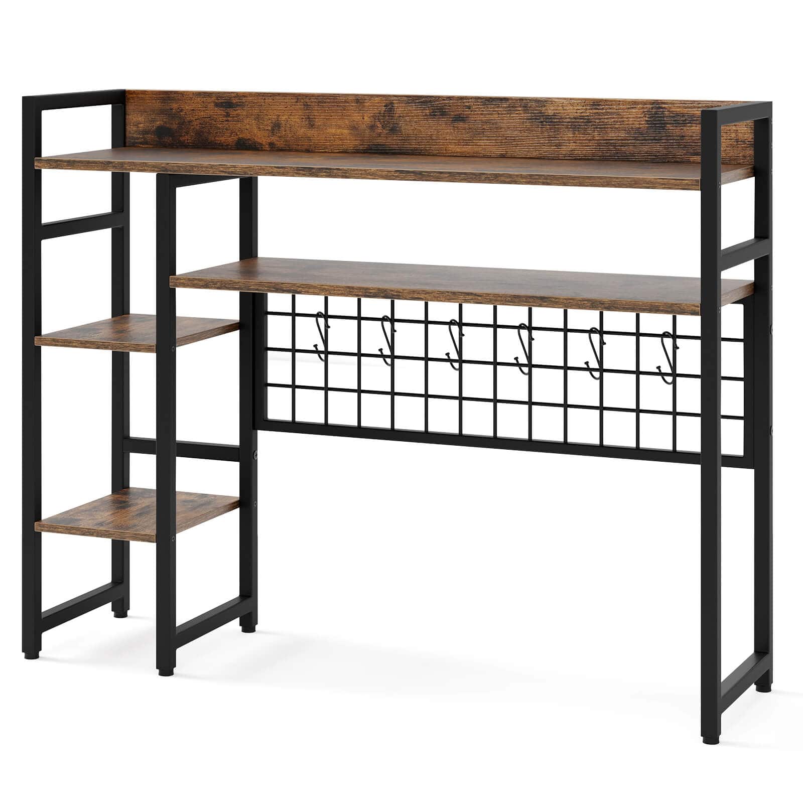 Costway - Desk Shelf 4-Tier Desktop Display Rack with Metal Grid Panel & 6 Hooks Brown - Rustic Brown + Black